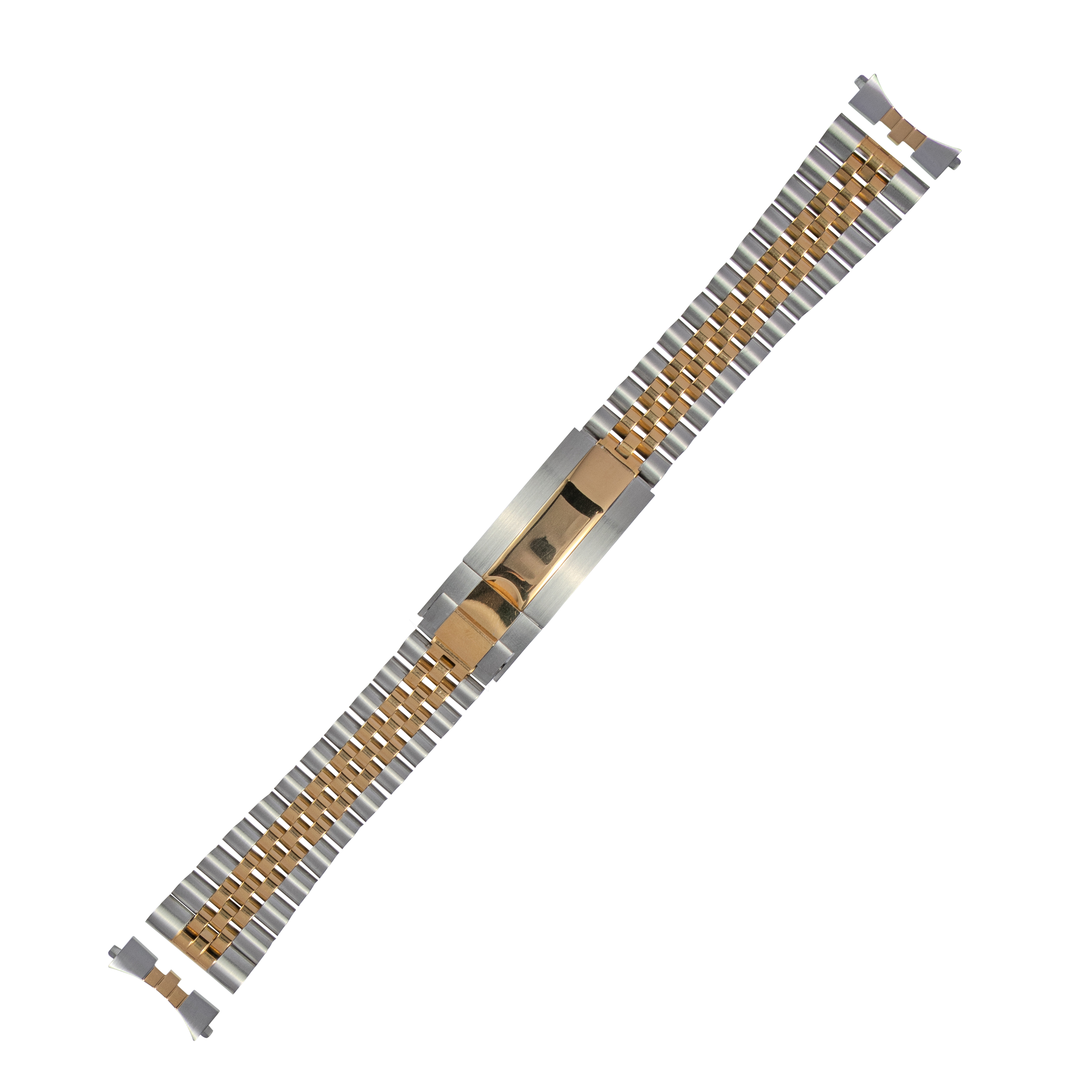 Two-tone stainless steel and gold watch bracelet with micro-adjustable glide clasp and curved end links