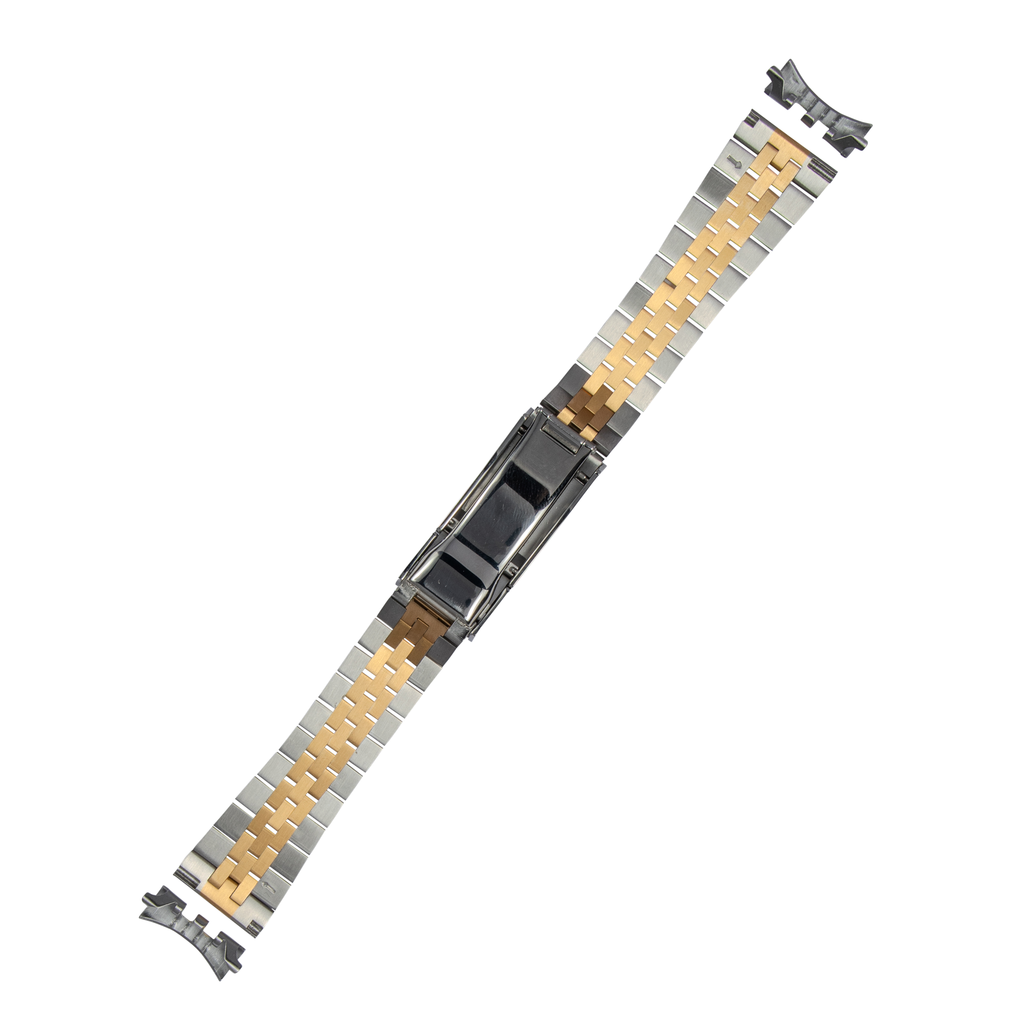 Two-tone stainless steel and gold watch bracelet with curved end links and micro-adjustable glide clasp closure system