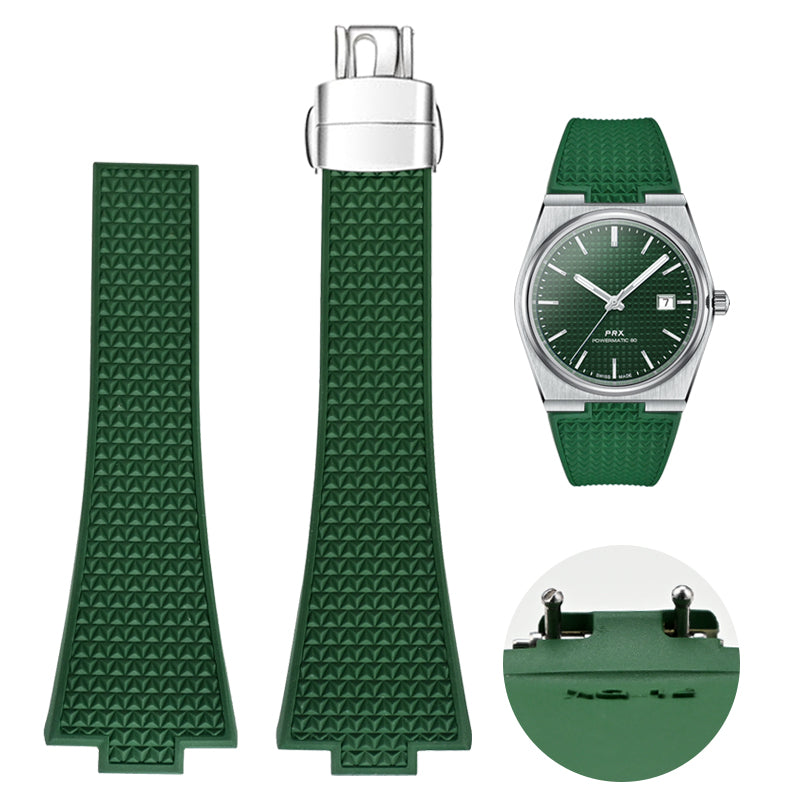Green FKM rubber watch strap with textured pattern for Tissot PRX 35, showing front, back and deployment clasp views