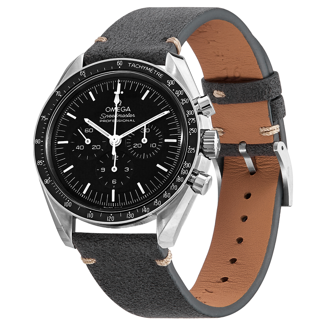 Omega Speedmaster Professional chronograph watch with black dial and tachymetre bezel on dark grey Alcantara leather strap