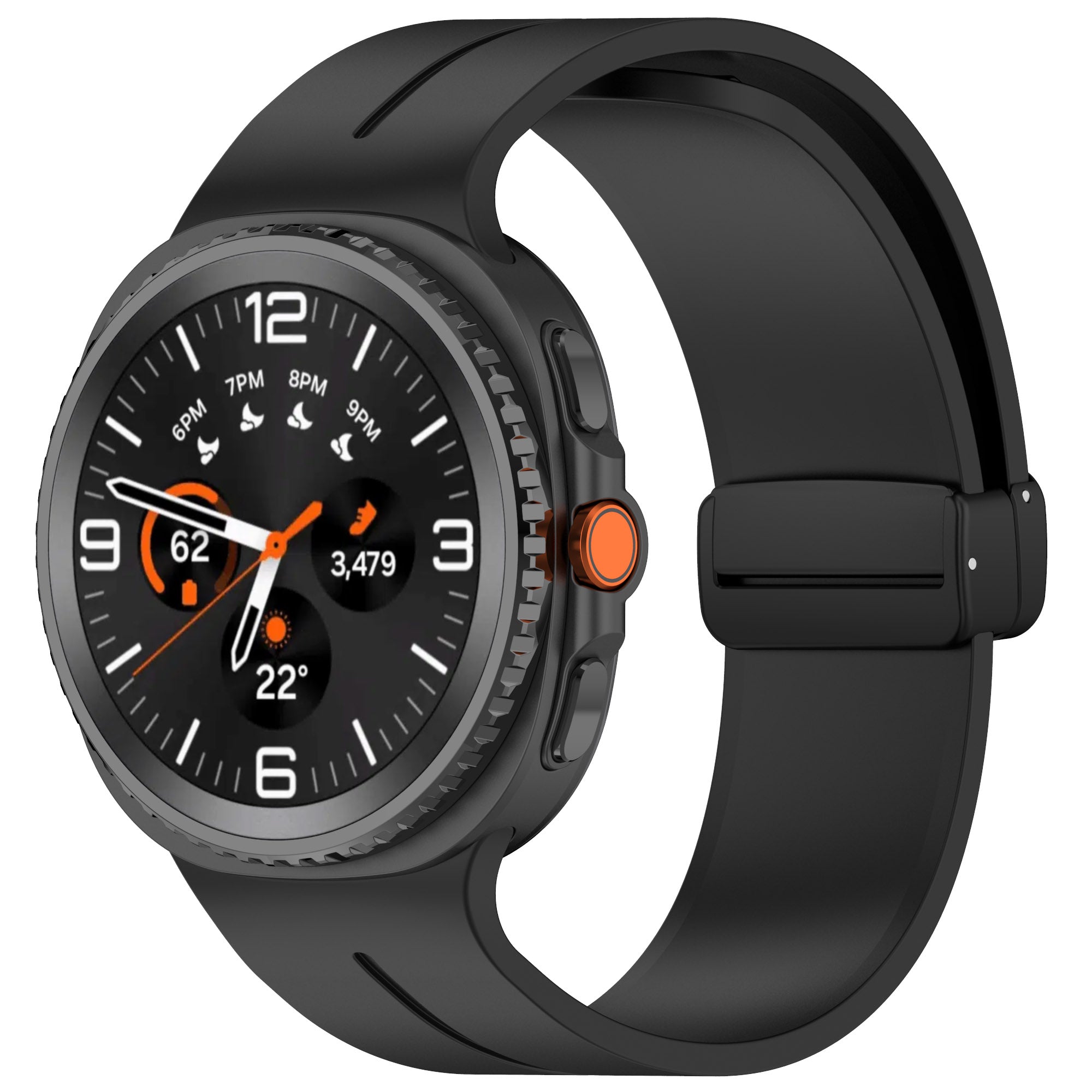 Black smartwatch with orange accents, magnetic silicone band, analog display showing time and health metrics