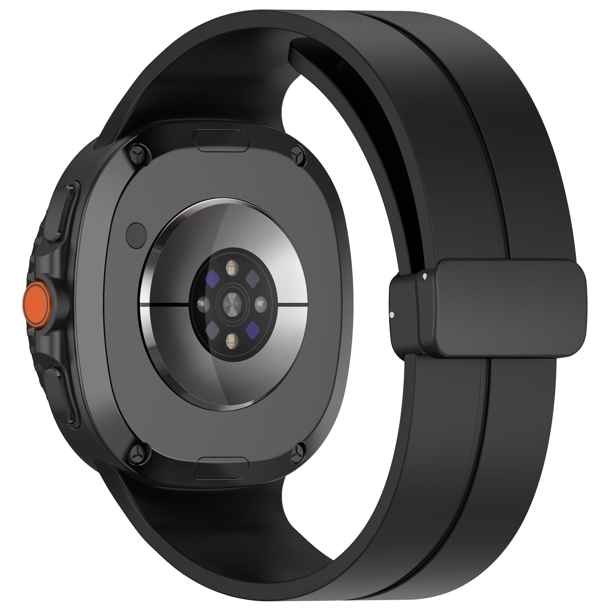Black Galaxy Watch 8 with magnetic silicone band and deployant clasp, featuring circular display with orange accent button