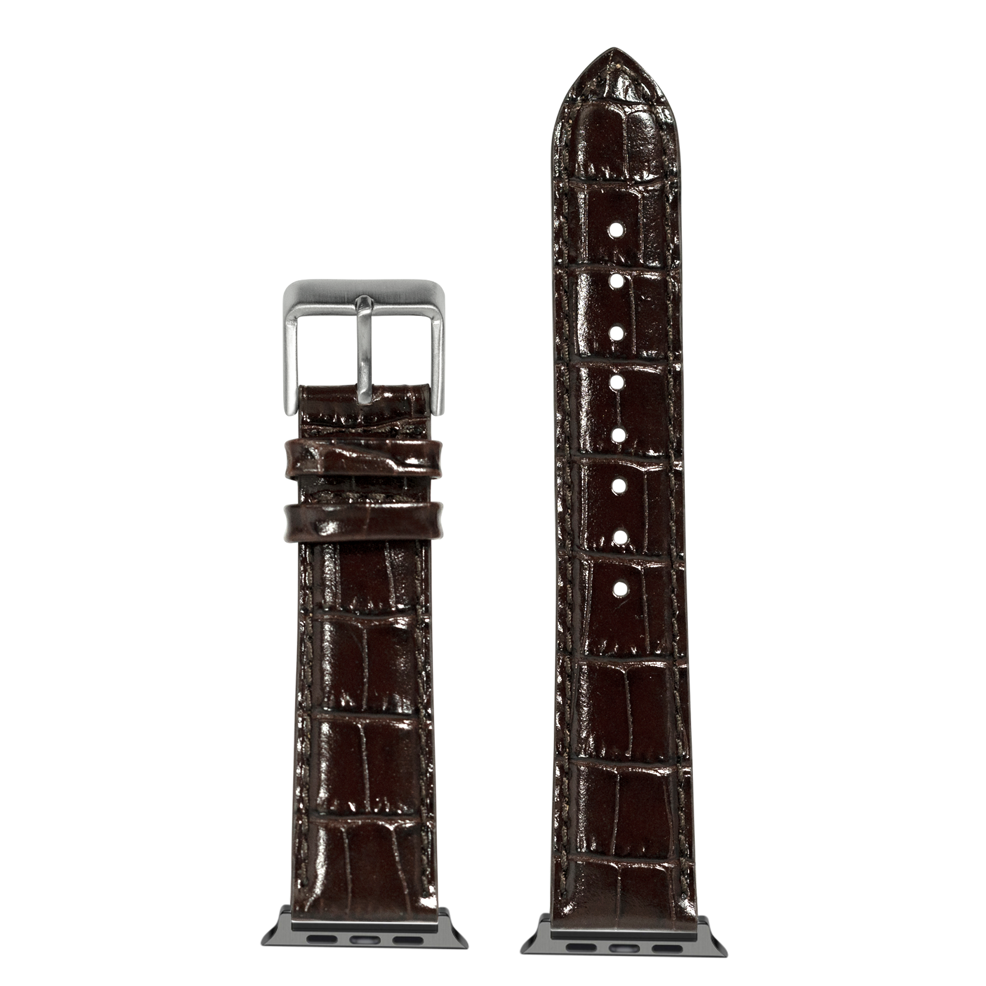 Dark brown alligator leather Apple Watch band with silver buckle and connector adapter, shown in two sizes