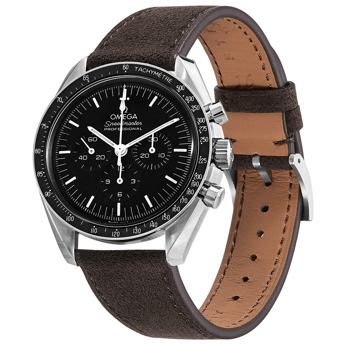 Omega Speedmaster Professional chronograph watch with black dial, tachymetre bezel, and dark brown suede leather strap with tan leather backing