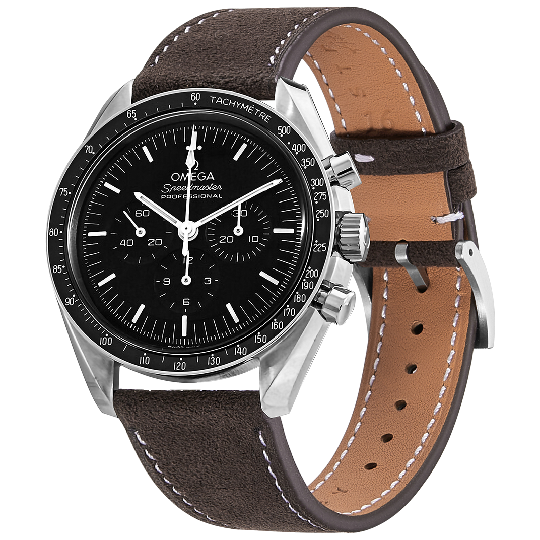 Omega Speedmaster Professional chronograph watch with stainless steel case, black dial, and dark brown Alcantara leather strap with white stitching