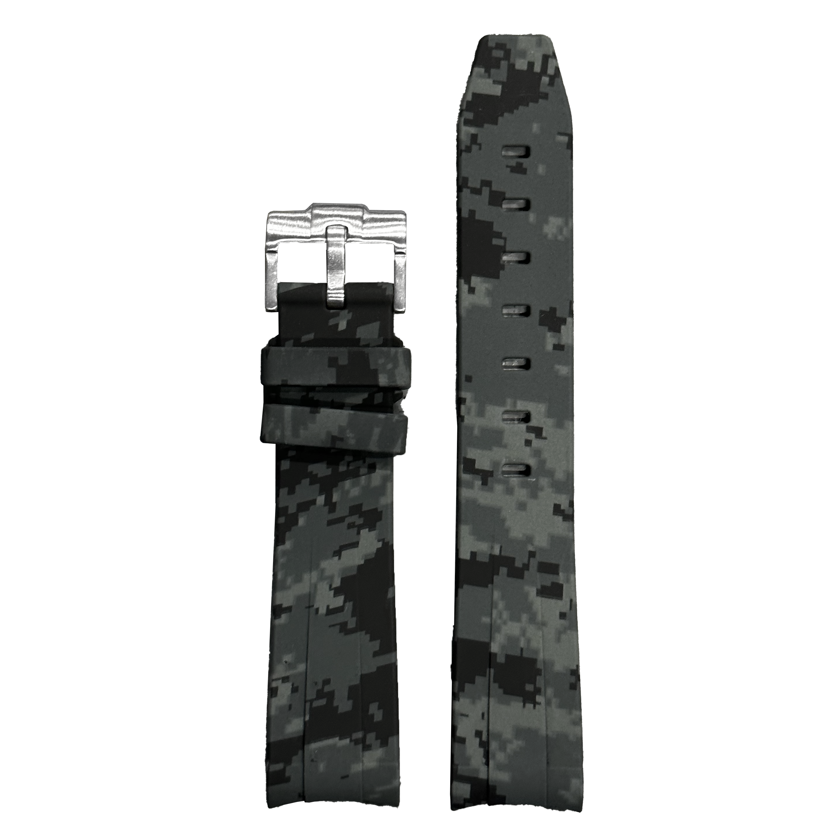 Curved King Flexi Rubber watch strap in digital camo with silver buckle, displayed front and back