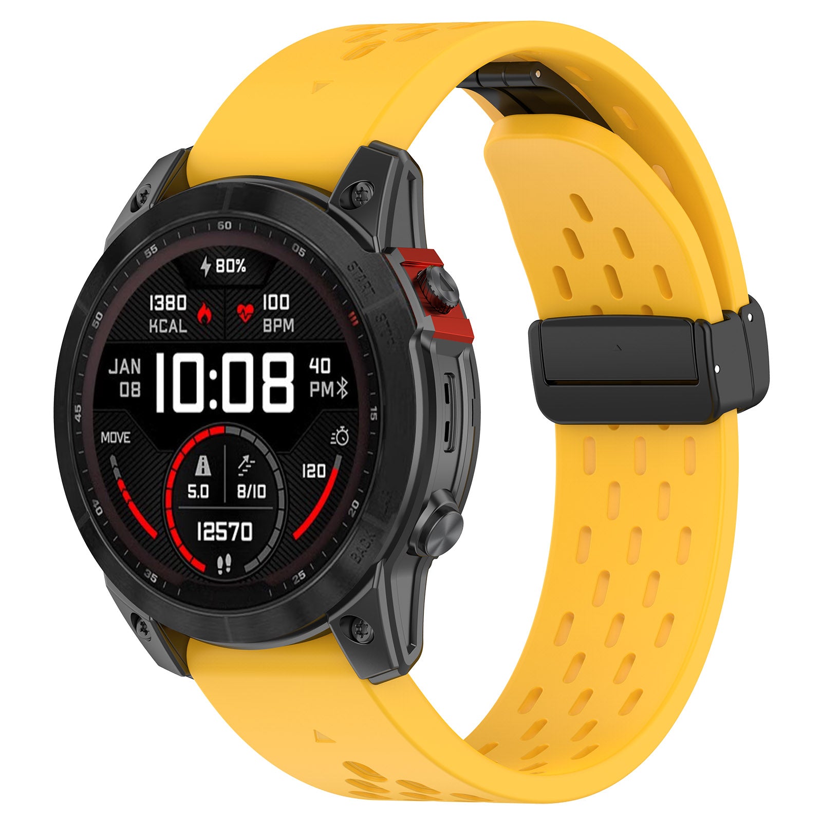 Black smartwatch with yellow silicone sport band, displaying fitness metrics, heart rate and step count data on screen