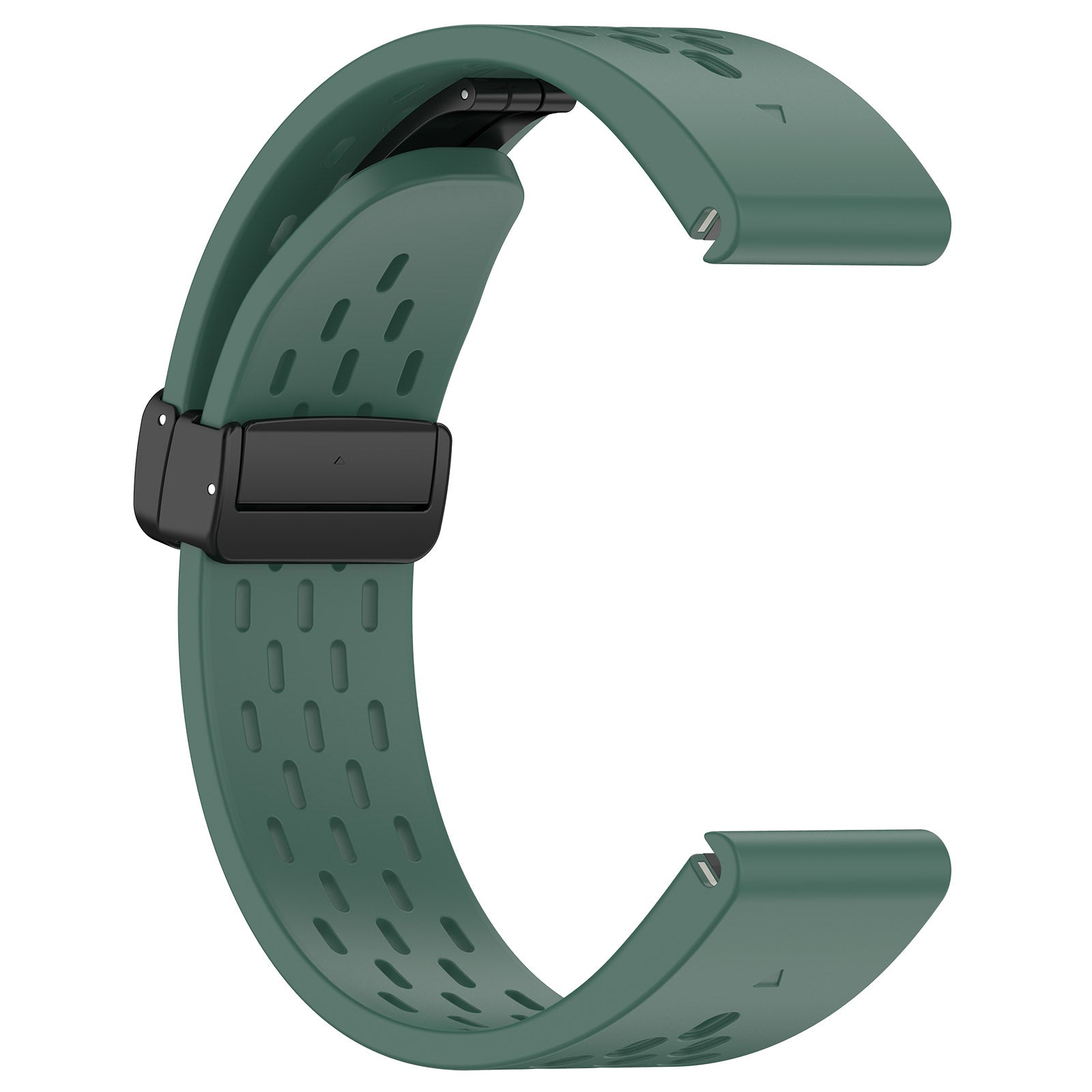 QuickFit sage green silicone watch band with black magnetic clasp and perforated design
