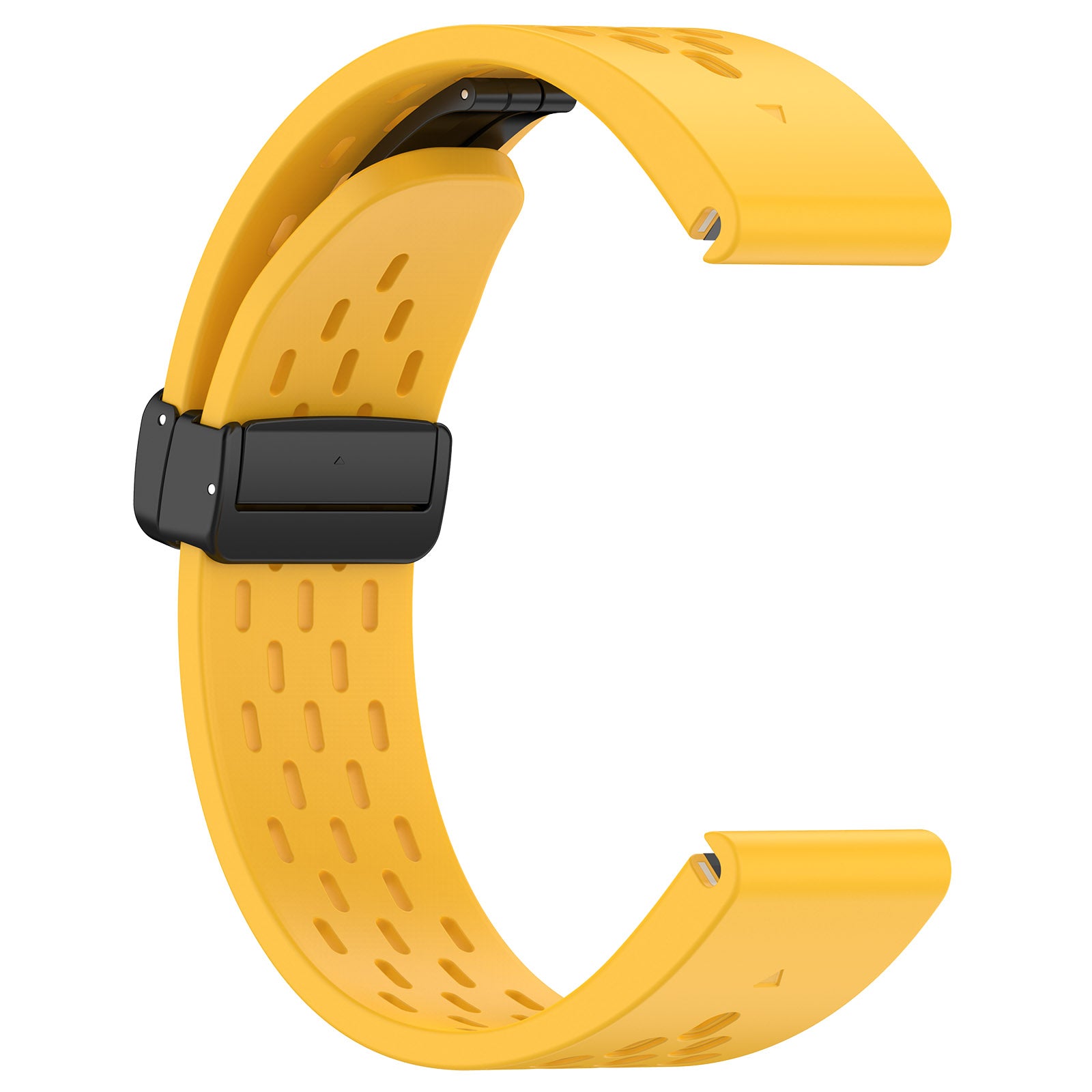 Yellow silicone smartwatch band with perforated design and black magnetic clasp closure