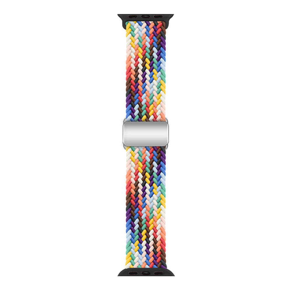 Colorful braided nylon Apple Watch band with rainbow diagonal weave pattern and silver magnetic clasp closure