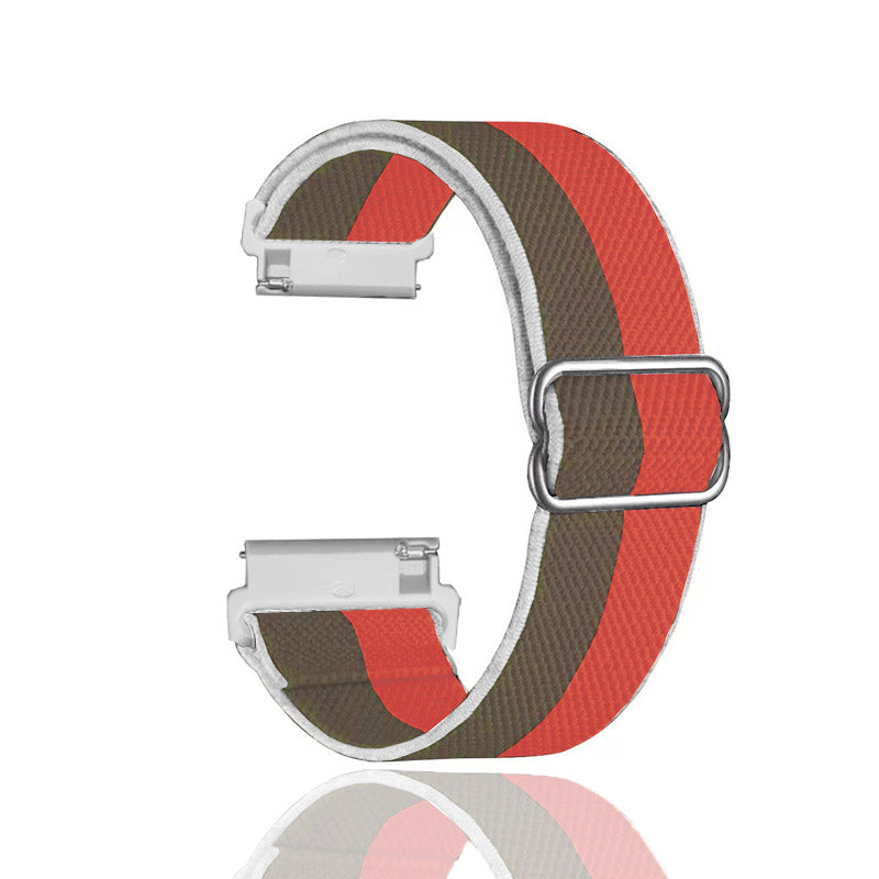Red and brown striped weaved elastic loop smartwatch band with quick release buckles and white accents