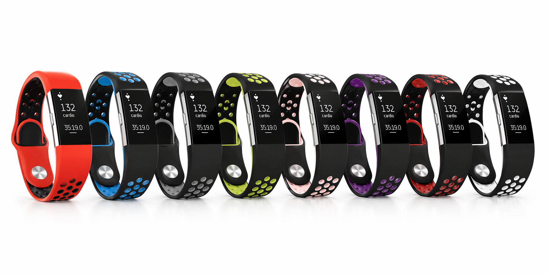 Fitbit Charge 2 fitness tracker with sports silicone bands in multiple colors including red, blue, yellow, purple and white