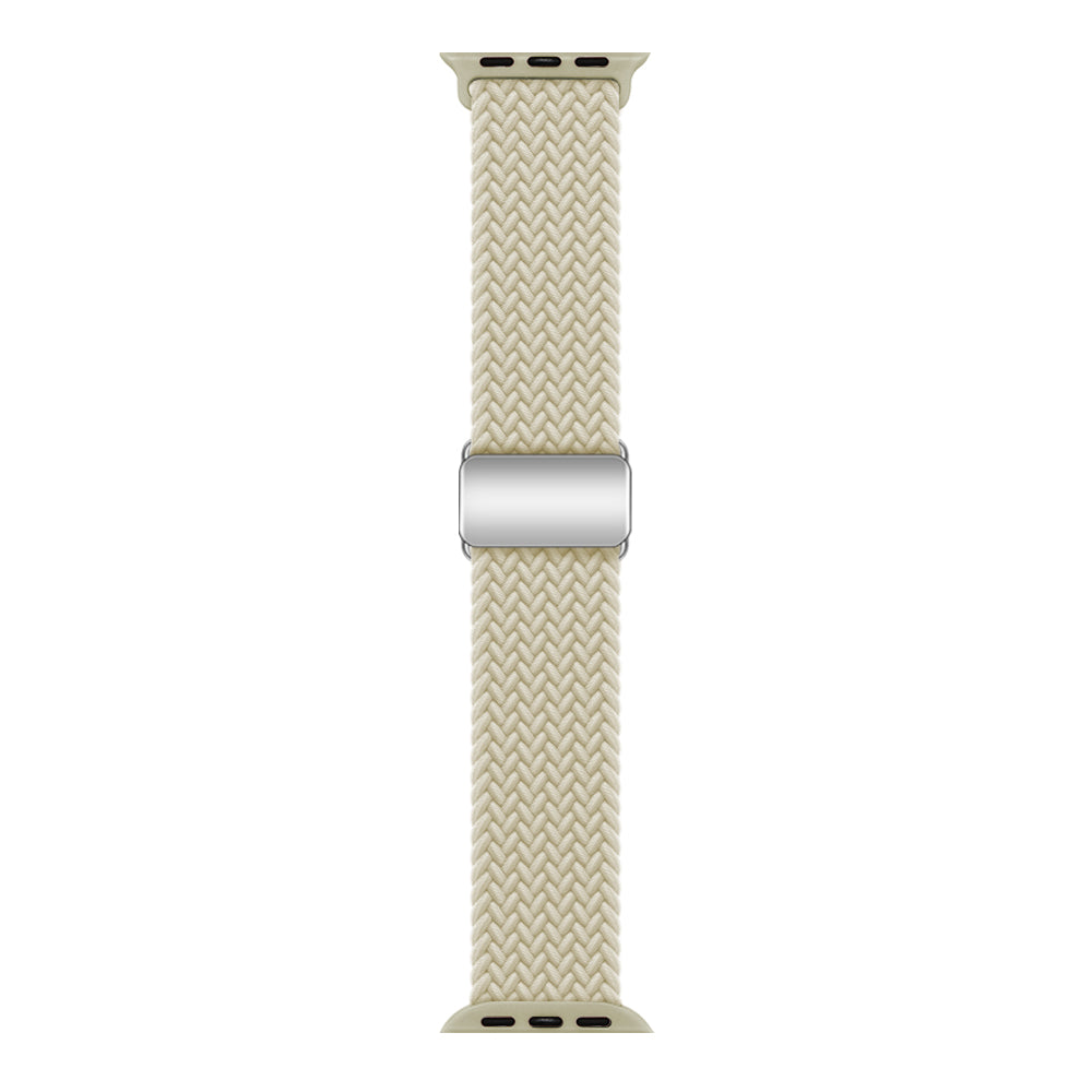 Beige braided fabric Apple Watch band with magnetic silver clasp and compatible connector ends