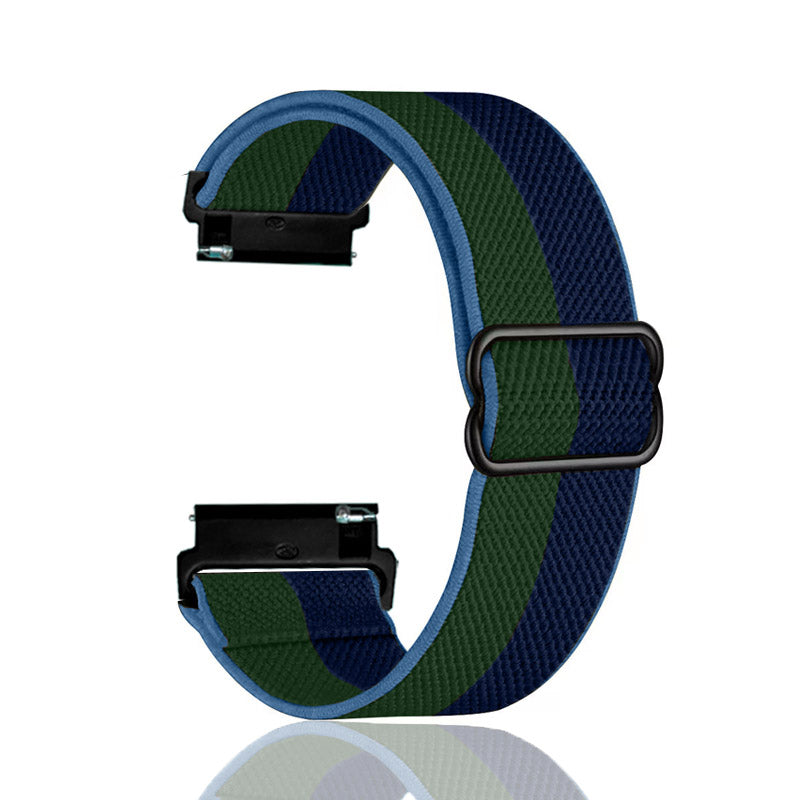 Woven elastic smartwatch band with quick release connector, blue green striped design, adjustable loop closure