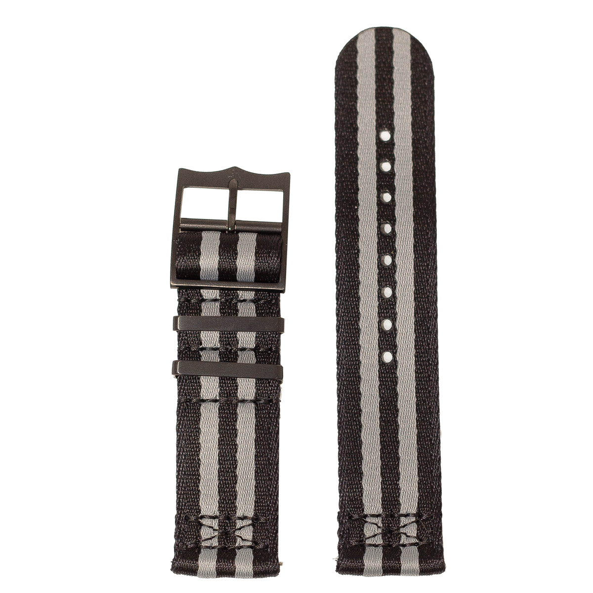 Black and grey striped woven watch strap with metal buckle and adjustable fit for Fitbit Versa and Sense smartwatches