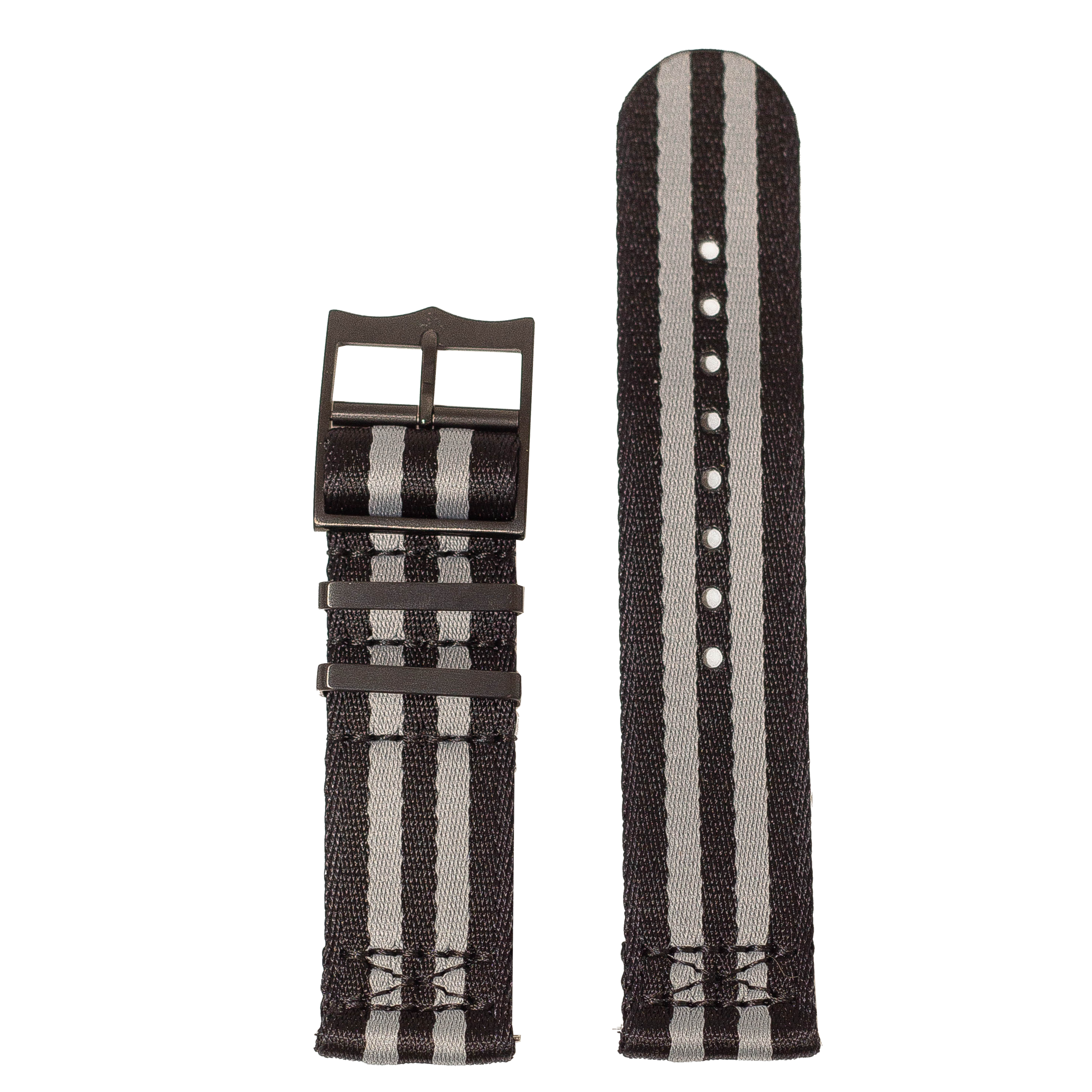 Black and grey striped woven fabric quick release watch strap with black hardware and buckle, shown assembled and unassembled