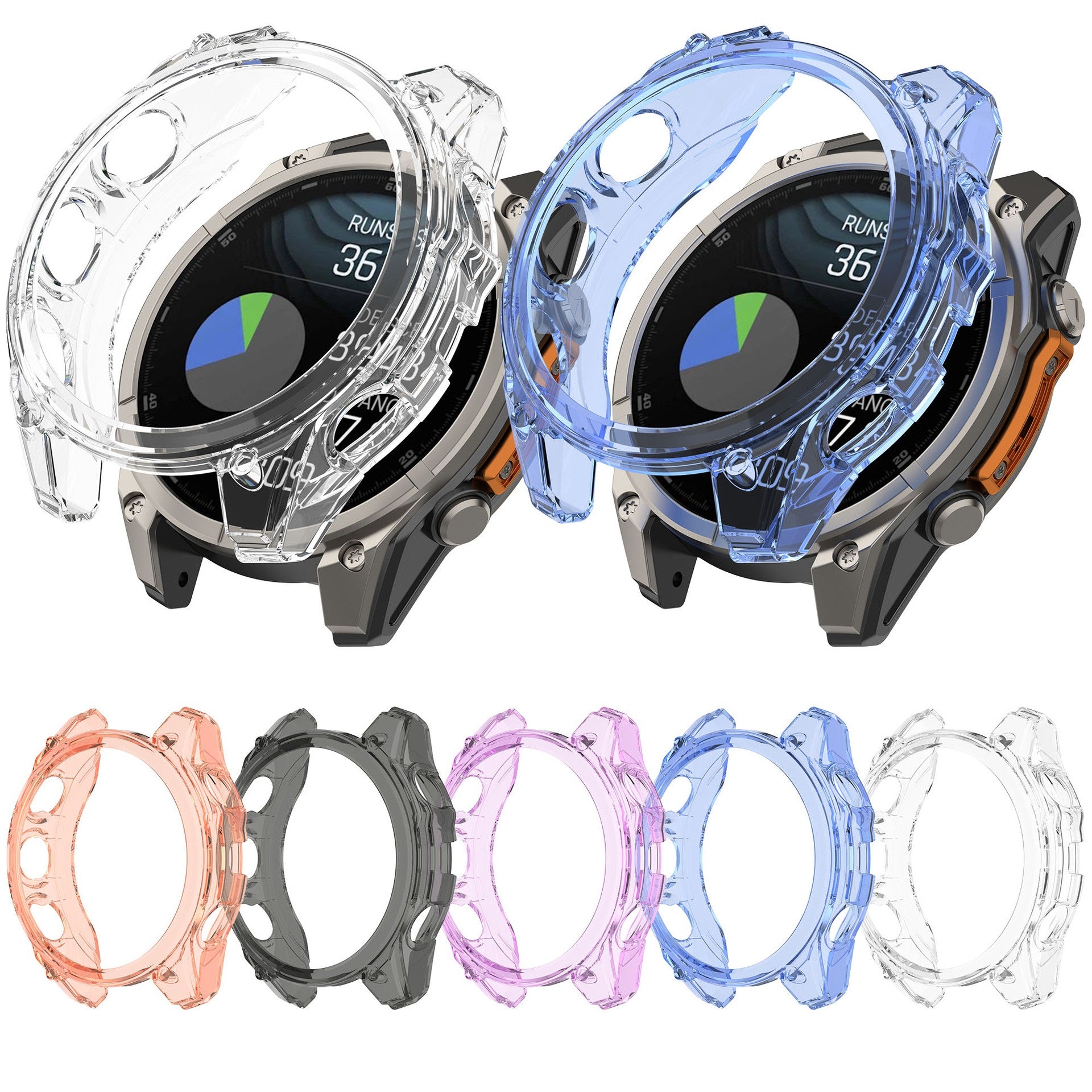 Transparent protective cases for smartwatch in clear, blue, black, coral, pink and purple colors with soft TPU material