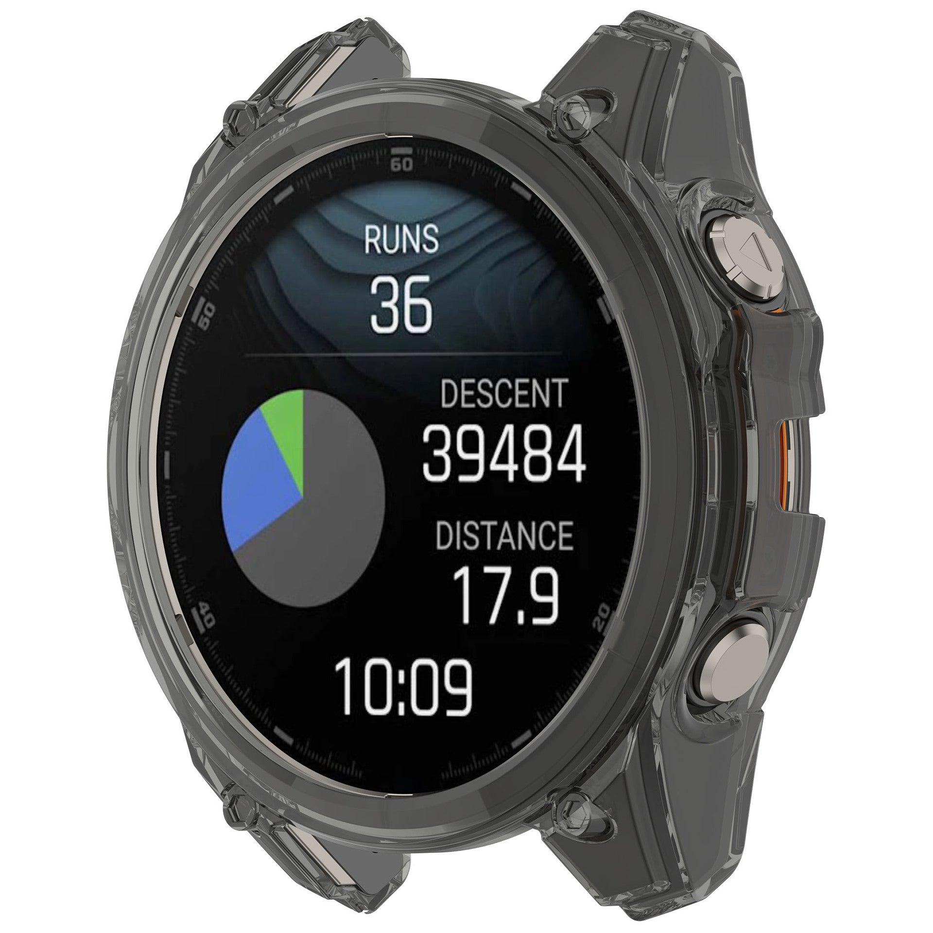 Transparent rugged smartwatch displaying running metrics with pie chart, runs counter, descent and distance data on dark AMOLED screen