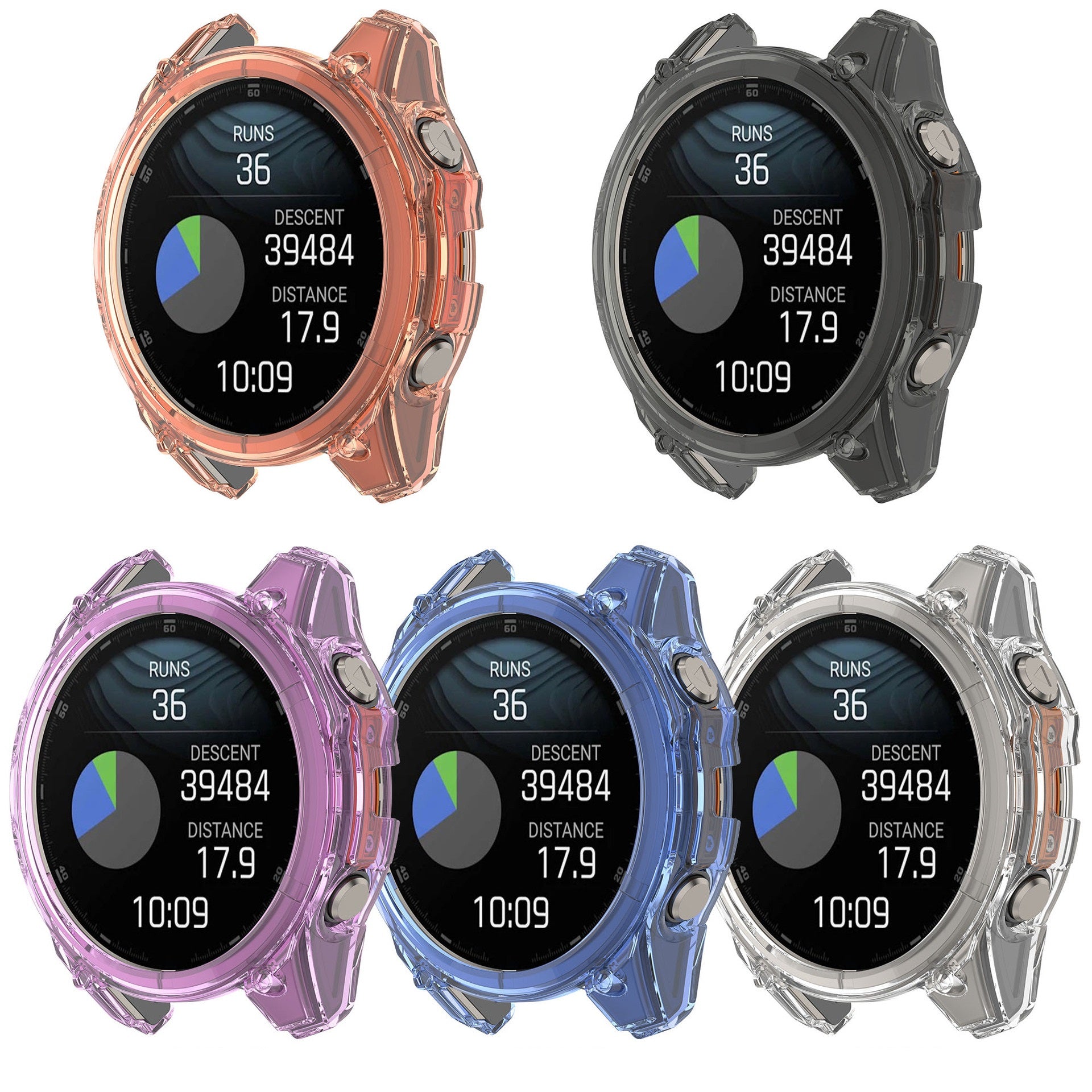 Transparent protective cases for Garmin smartwatch in coral, black, purple, blue and clear colors with fitness metrics display