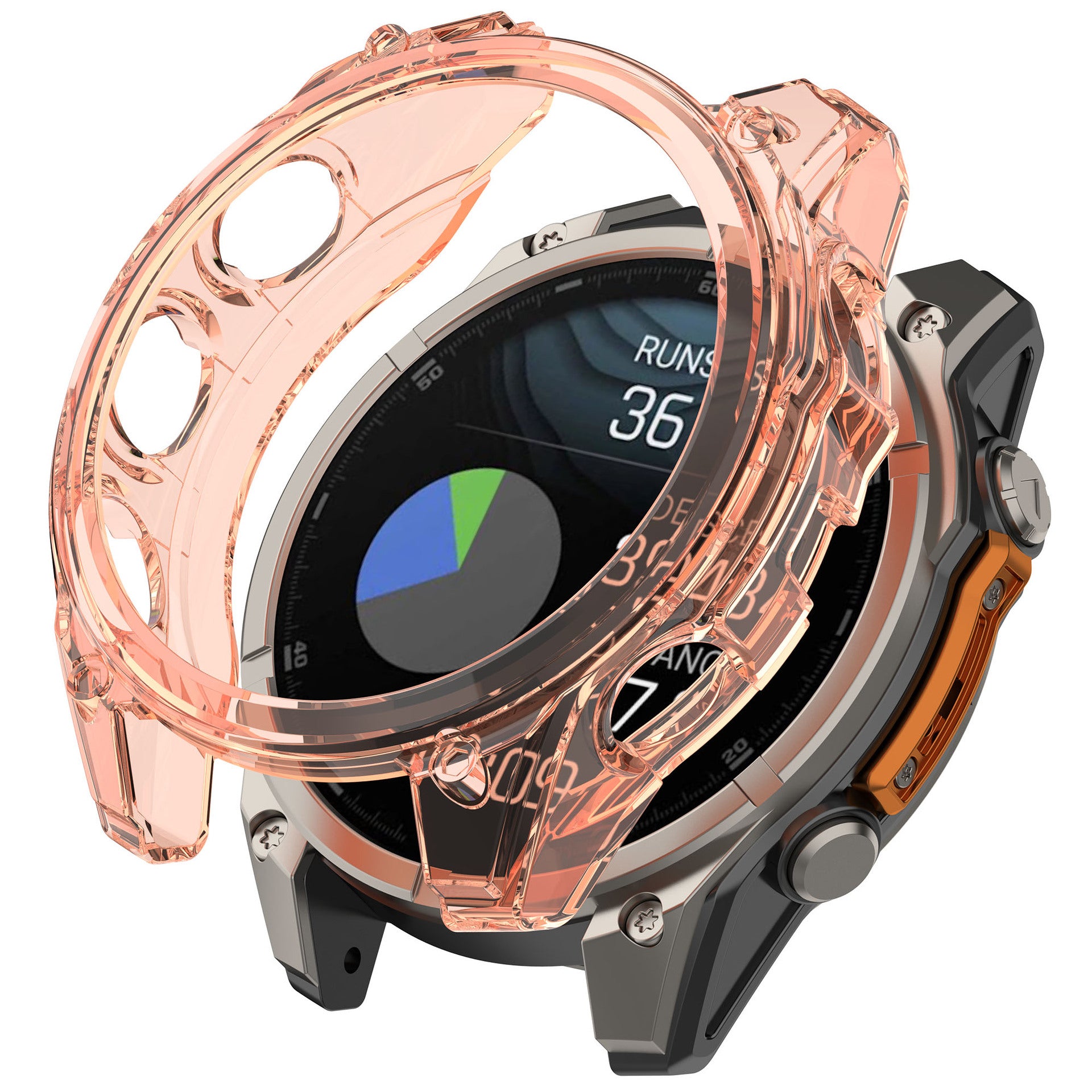 Transparent rose gold protective case for Garmin smartwatch with fitness tracking display visible