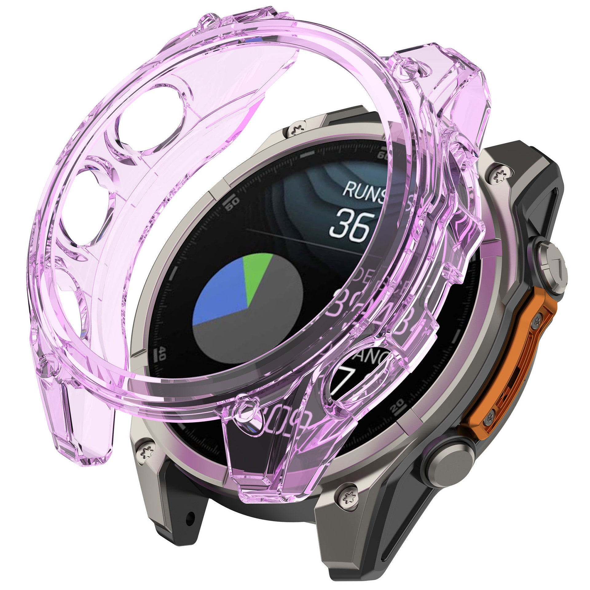 Transparent purple protective case for Garmin smartwatch with fitness tracking display and orange accents