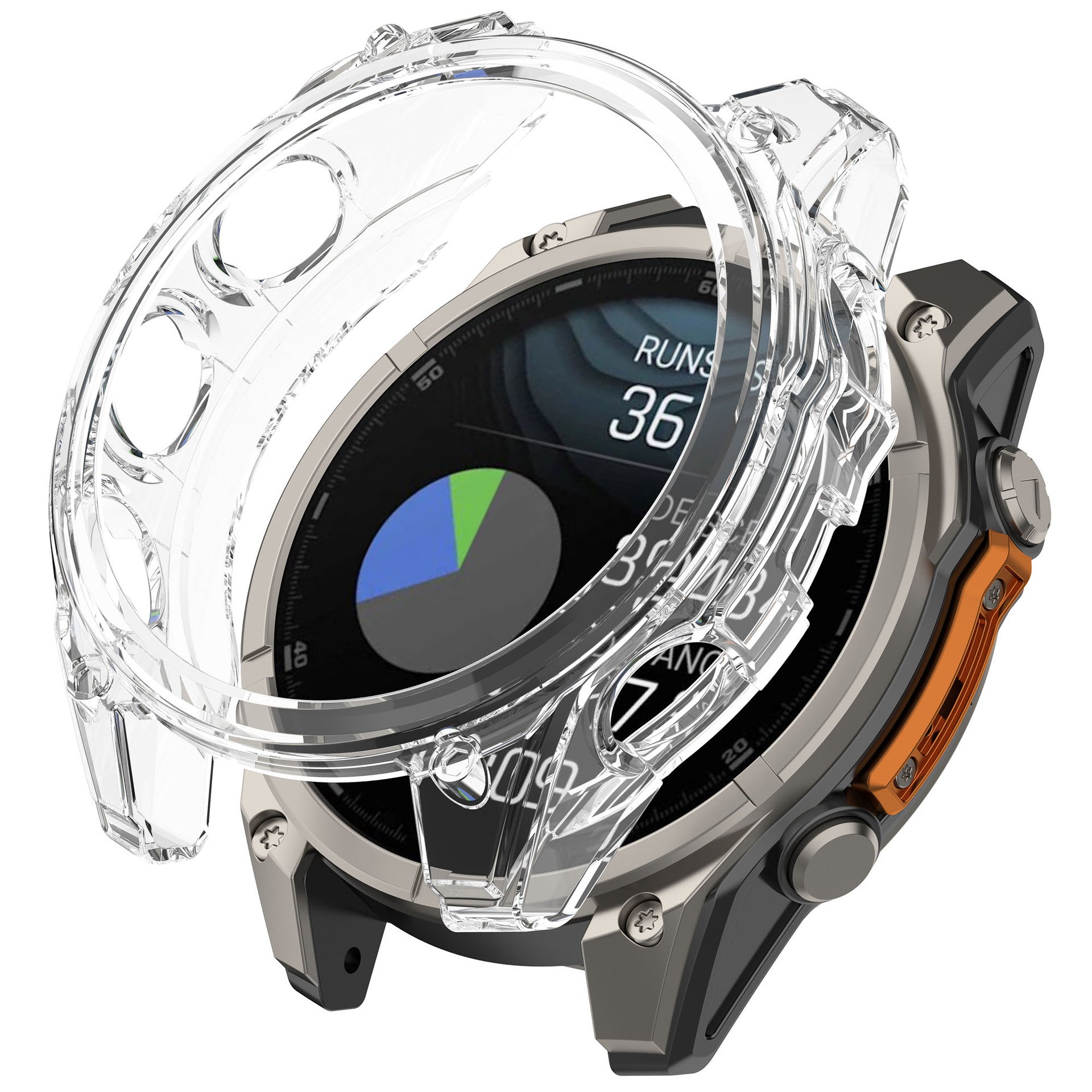 Transparent protective case for Garmin smartwatch with clear acrylic shell, showing fitness tracking display with orange silicone band accent