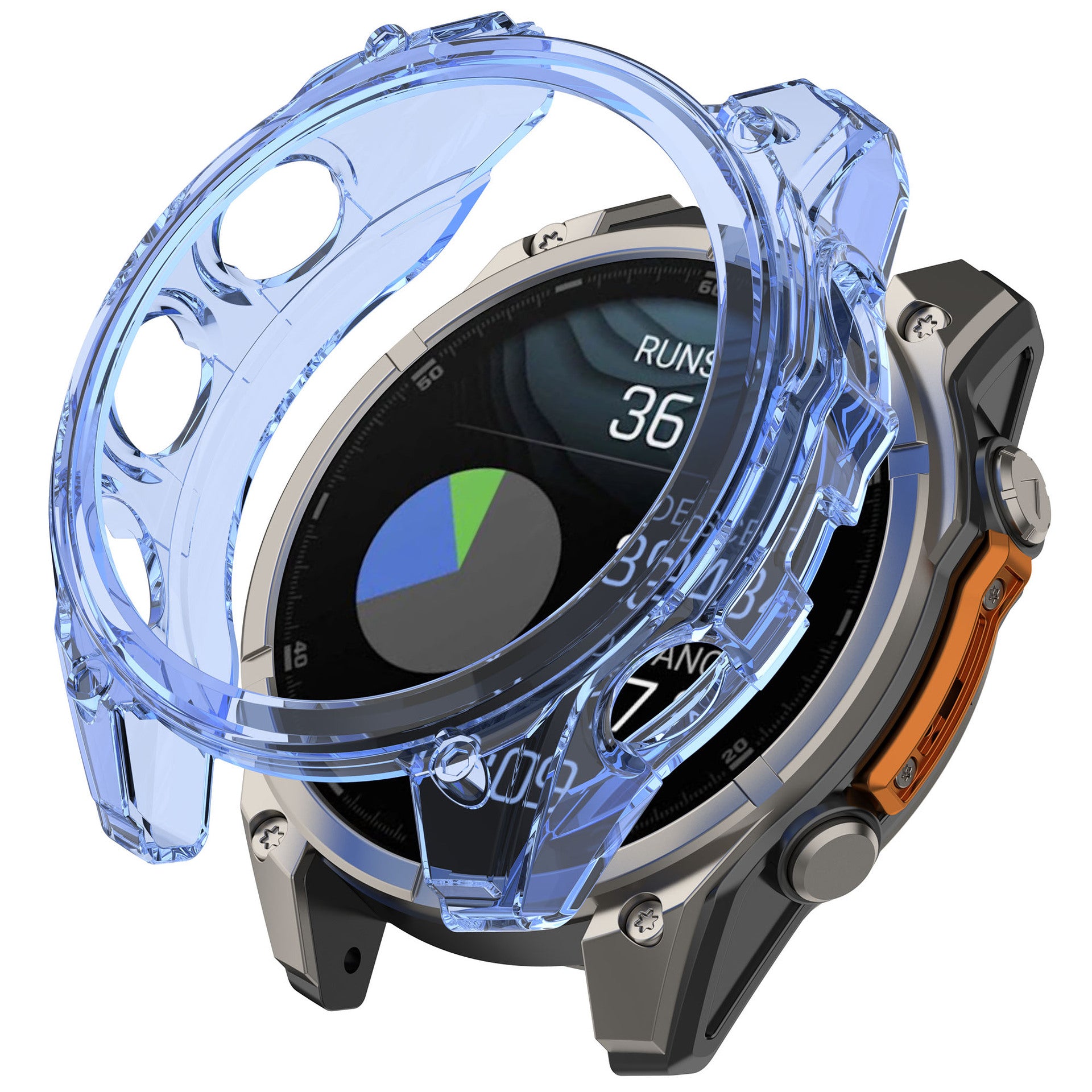 Transparent blue protective case for smartwatch with fitness tracking display and orange accent details