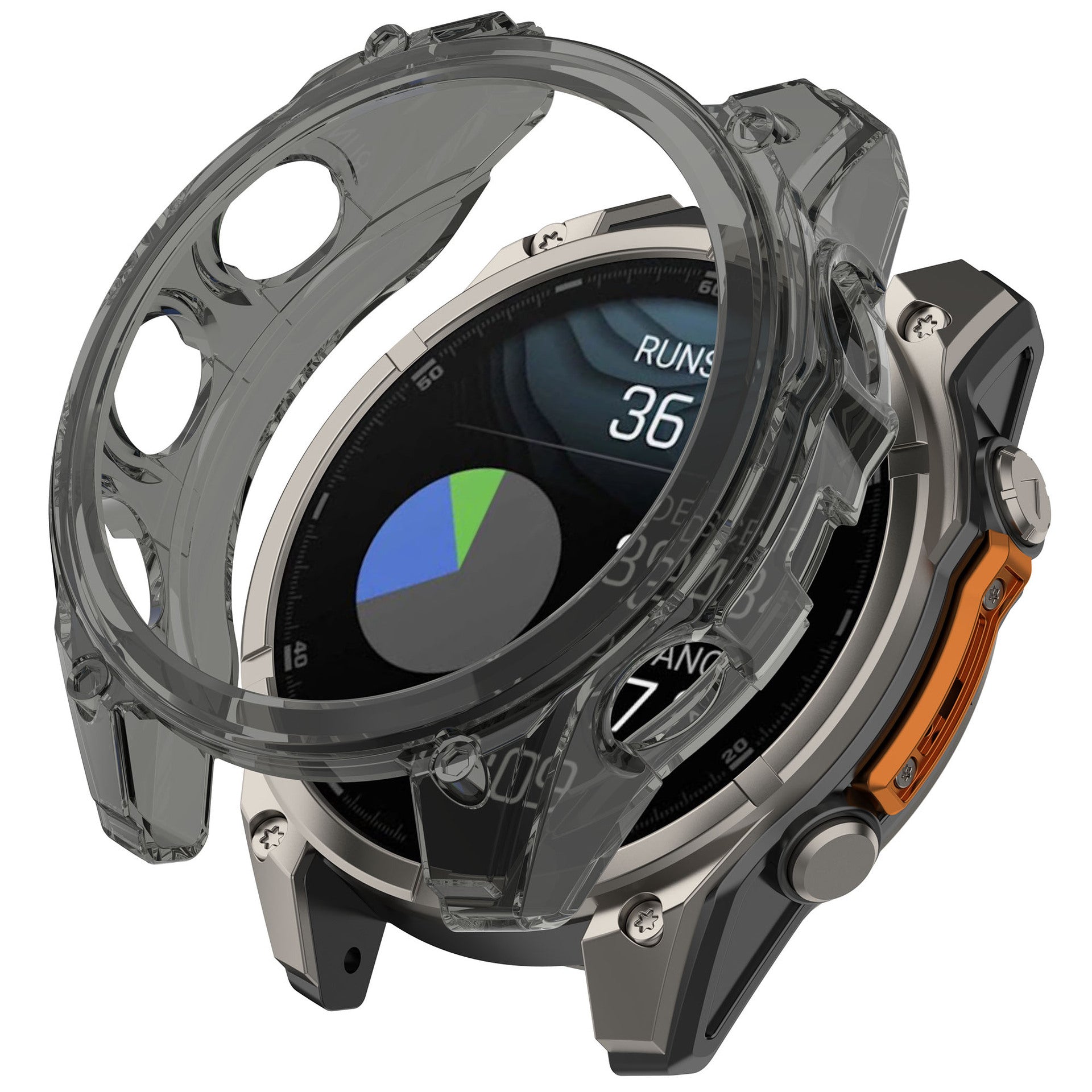 Transparent protective case for Garmin smartwatch with clear TPU shell, orange accent button, displaying fitness metrics and pie chart on screen