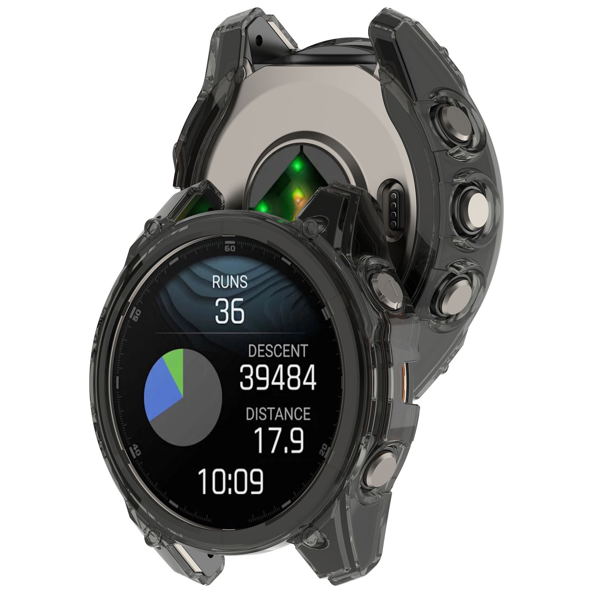 Rugged black smartwatch with transparent case displaying fitness metrics including runs, descent, distance and time, showing green battery indicator light