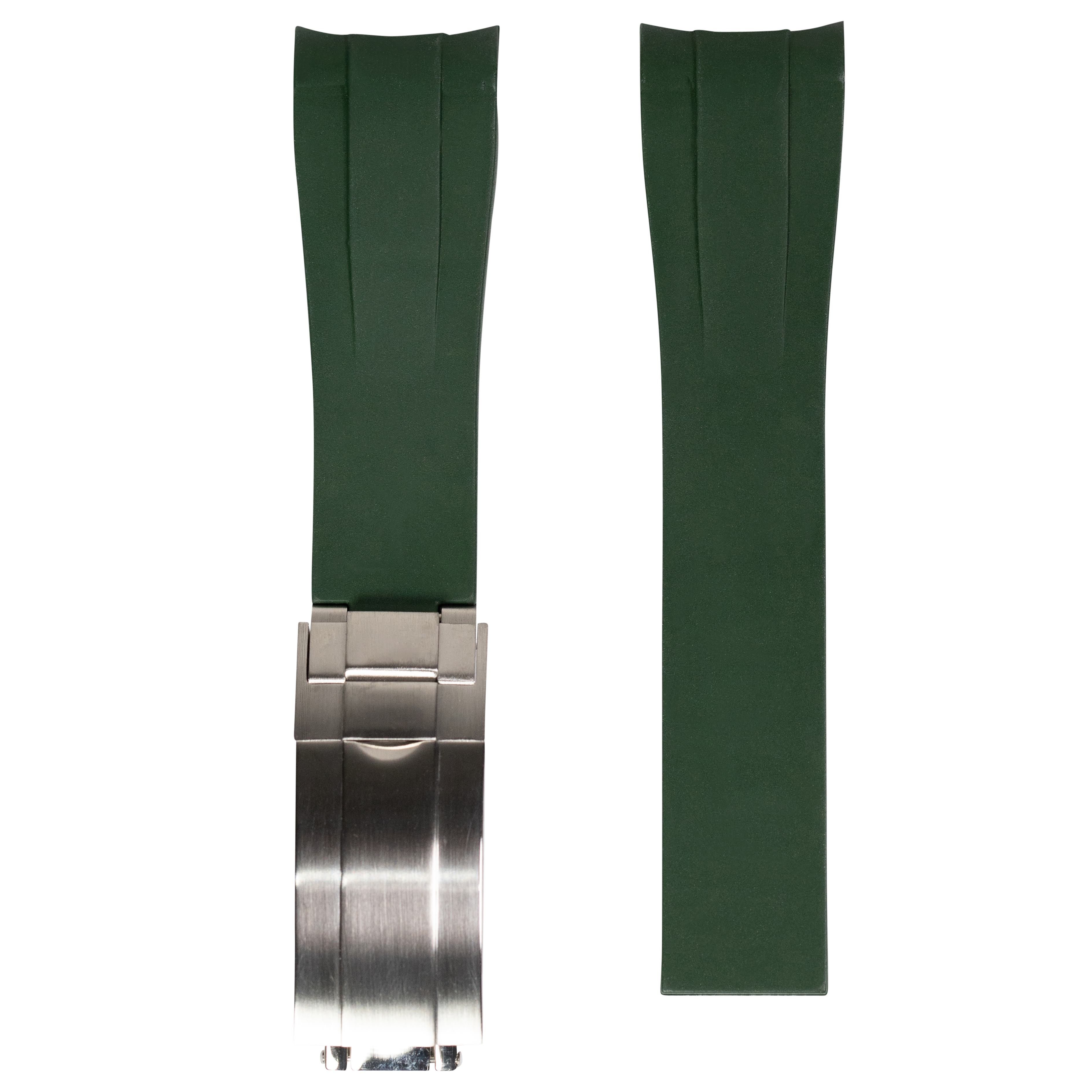 Forest green rubber watch strap with curved design and brushed steel oyster clasp