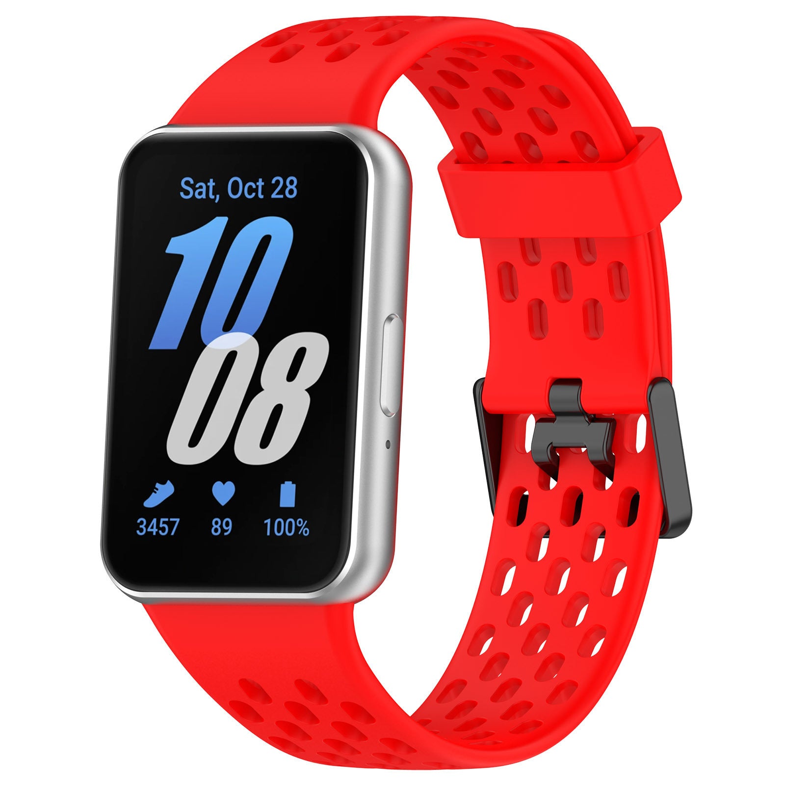 Red silicone sport smartwatch band with perforated design for Galaxy Fit3, displaying fitness metrics on black screen