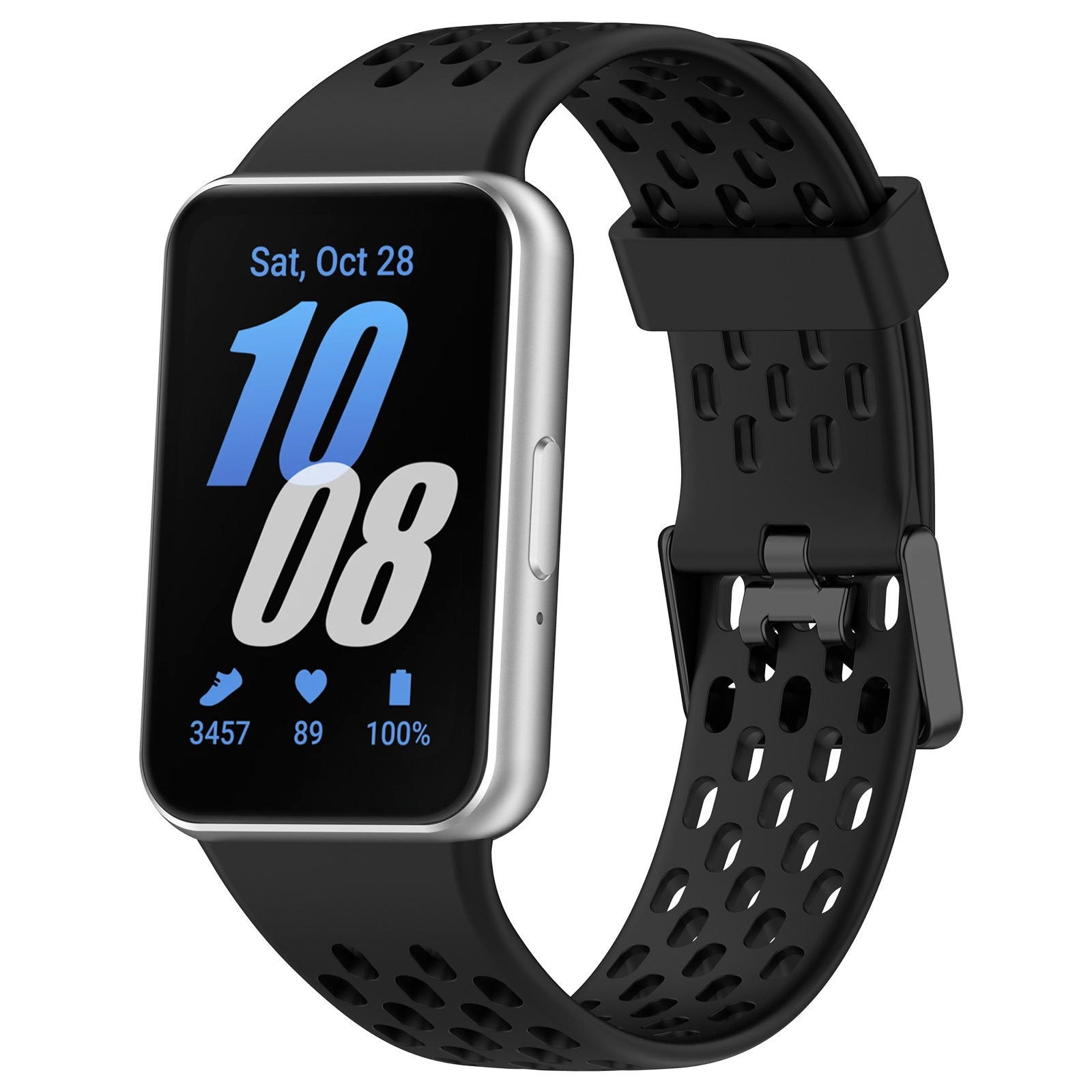 Silver Samsung Galaxy Fit3 smartwatch with black perforated silicone band displaying time 10:08, date, steps, heart rate and battery percentage