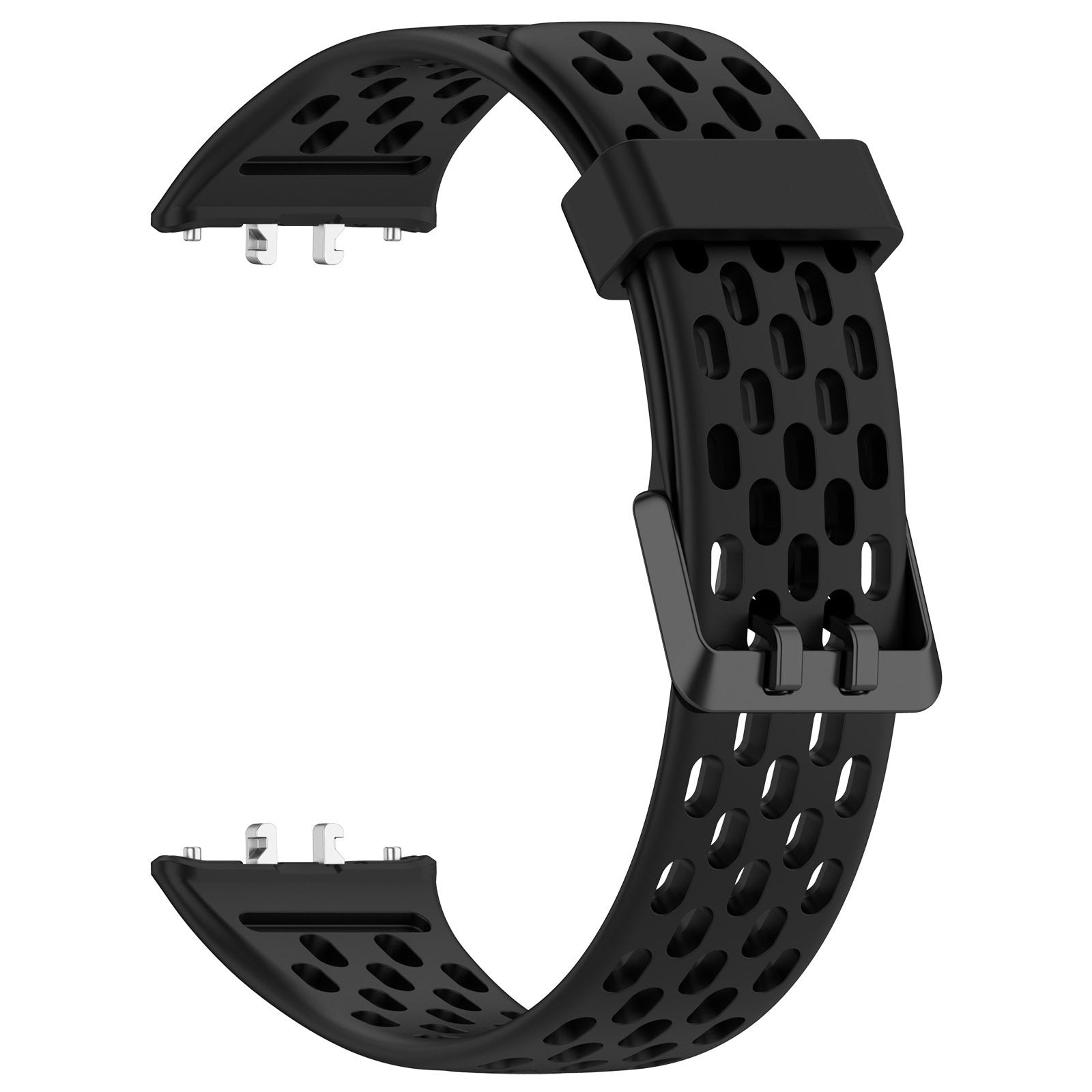 Black silicone sport watch band with perforated holes and metal connector pins for Galaxy Fit3 smartwatch