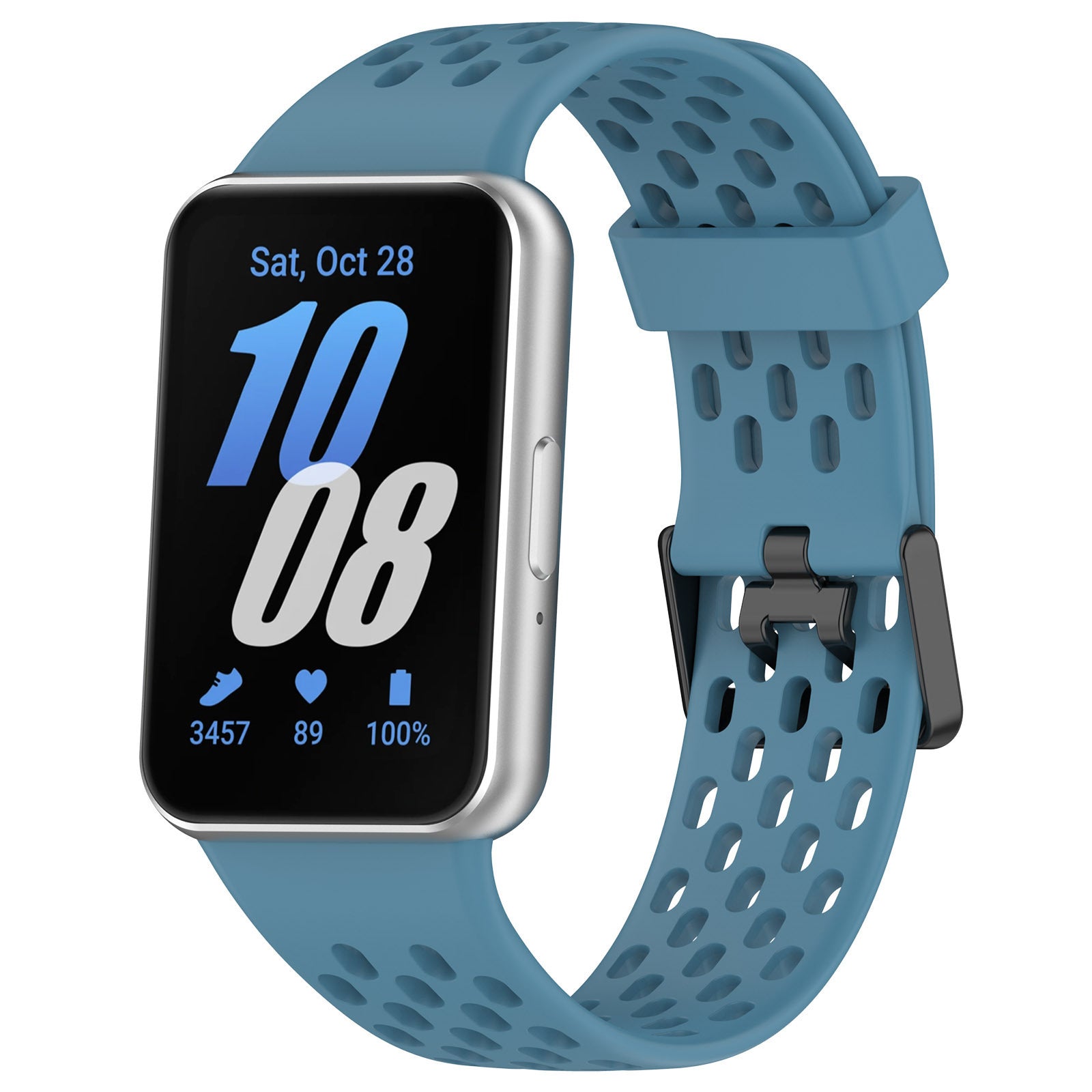 Blue silicone smartwatch band with perforated design, silver case displaying date and fitness metrics on black screen