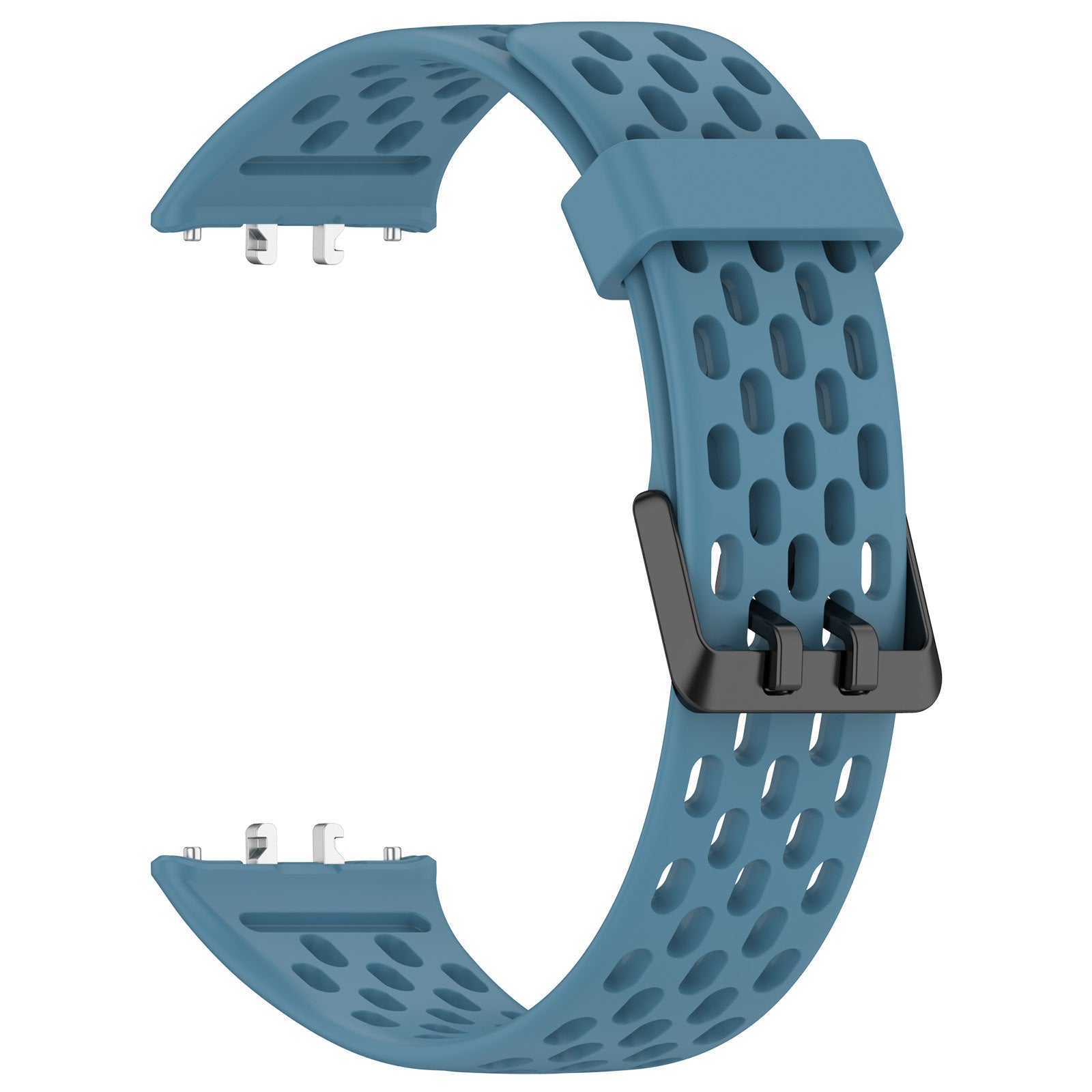 Blue perforated silicone smartwatch band with black buckle and ventilation holes for Galaxy Fit3