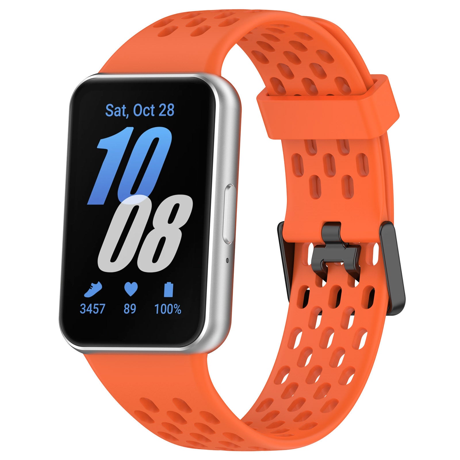 Orange silicone smartwatch with perforated band, silver case, black display showing time, steps, heart rate and battery percentage