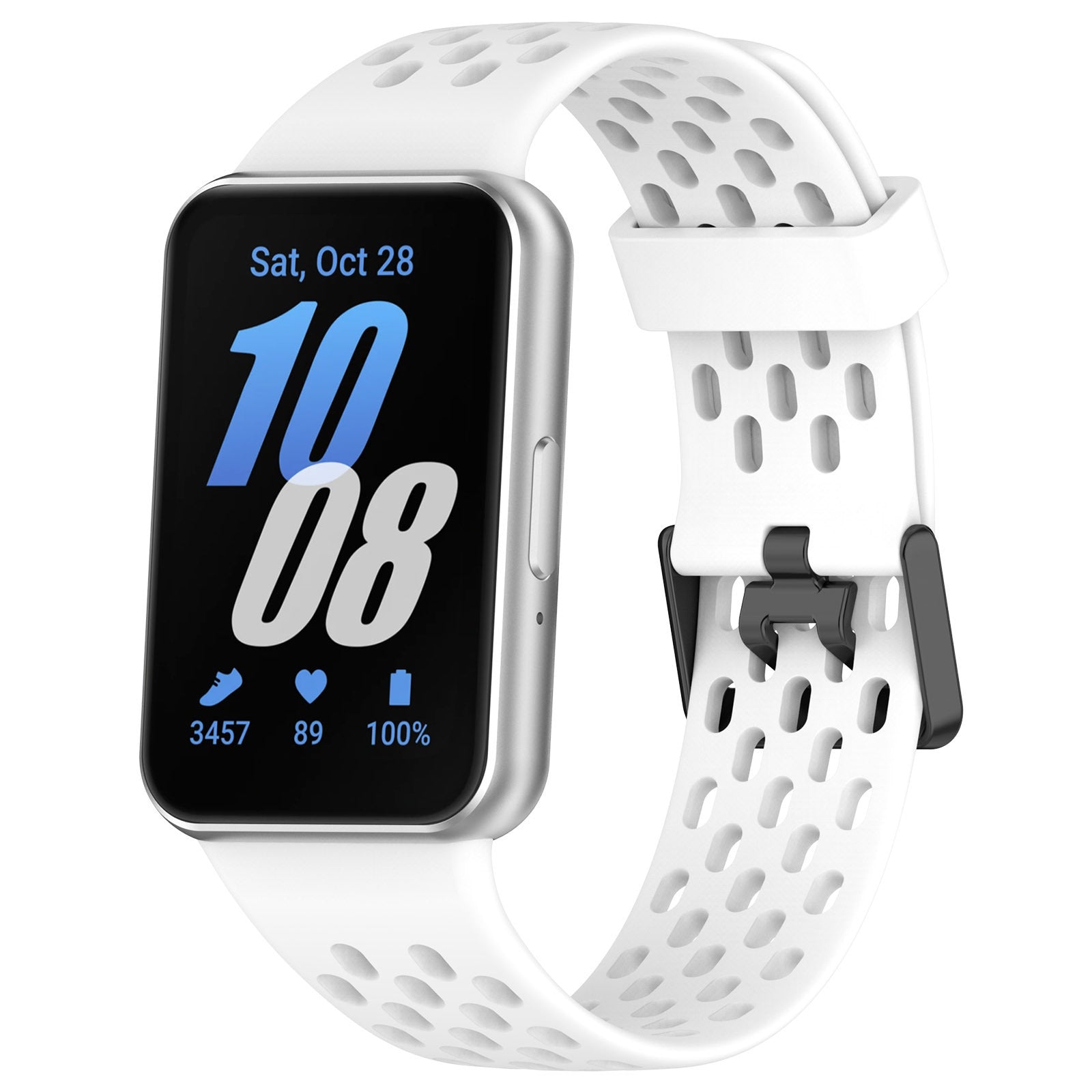 Silver smartwatch with white perforated silicone band displaying time 10:08, date, steps, heart rate and battery percentage