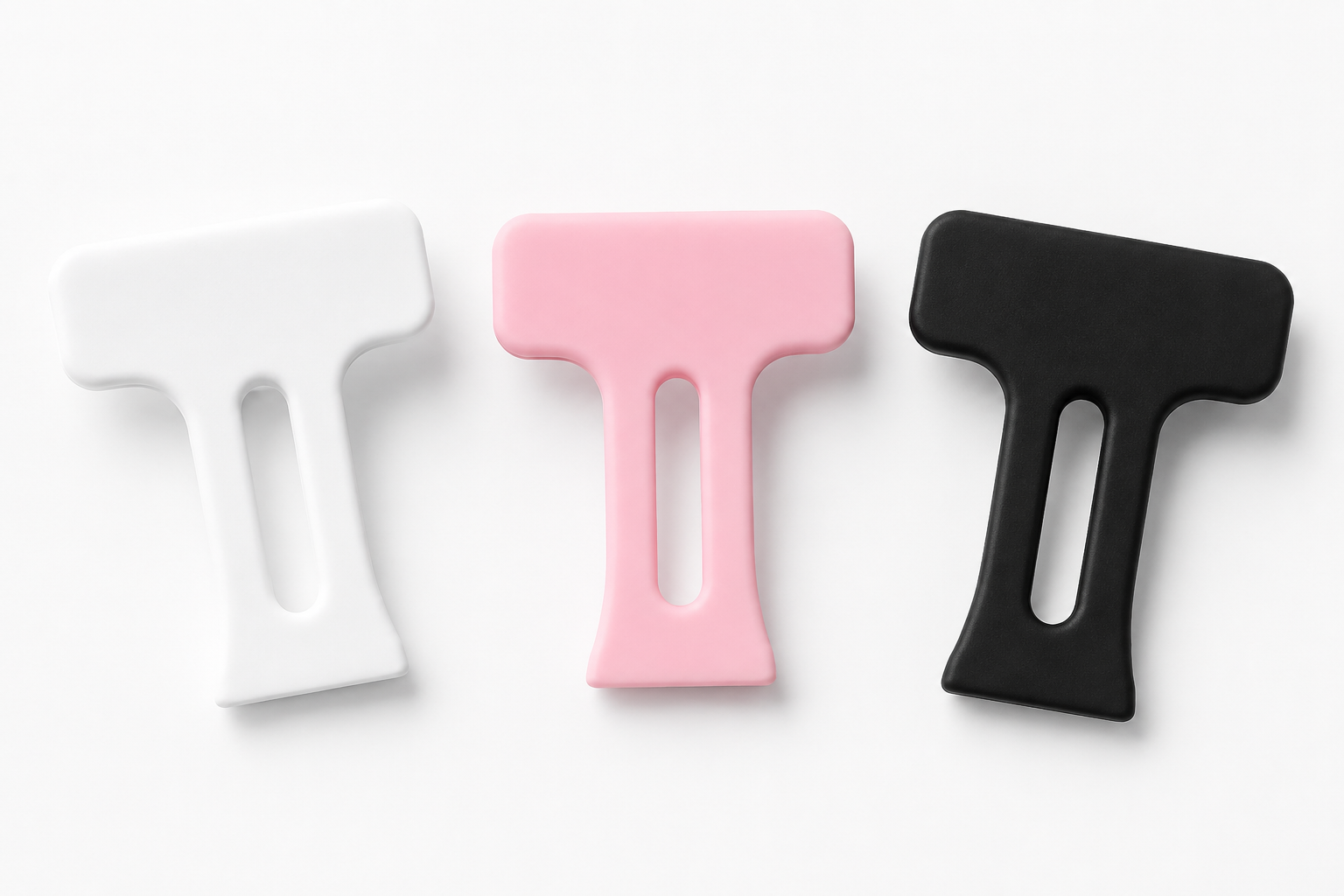 Three quick-release job fobs in white, pink, and black with ergonomic handles and oval grip holes for easy attachment to keychains