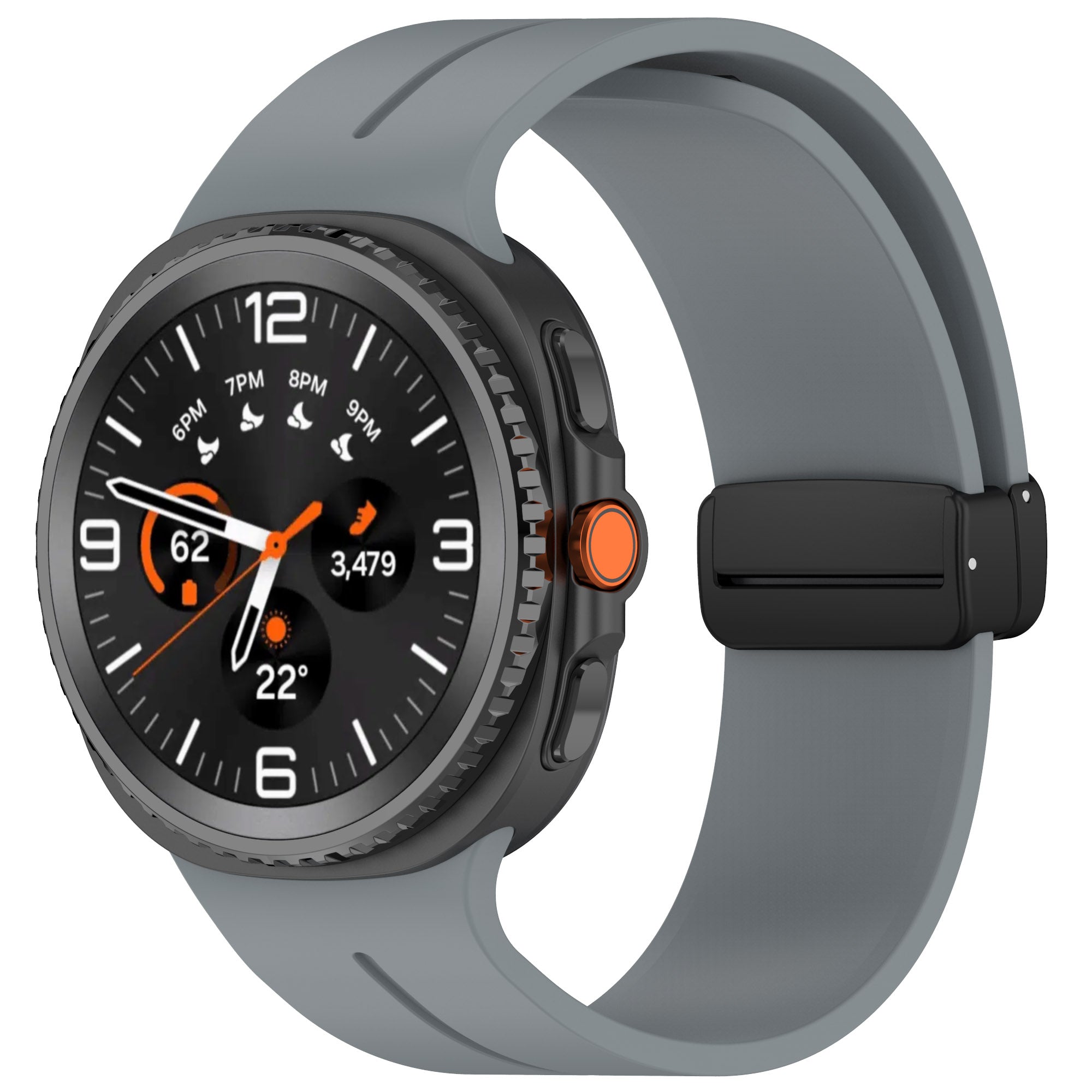 Gray silicone Galaxy Watch 8 smartwatch with black face, orange accents, and magnetic deployant clasp band