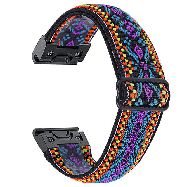 Colorful woven smartwatch band with geometric tribal pattern in purple, orange, blue and black with quick-fit connector