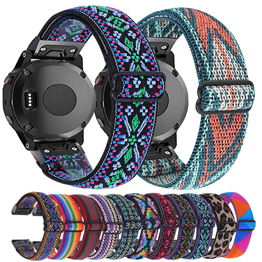 Colorful woven fabric watch bands with geometric patterns and tribal designs, compatible with sports smartwatches, featuring quick-fit connectors