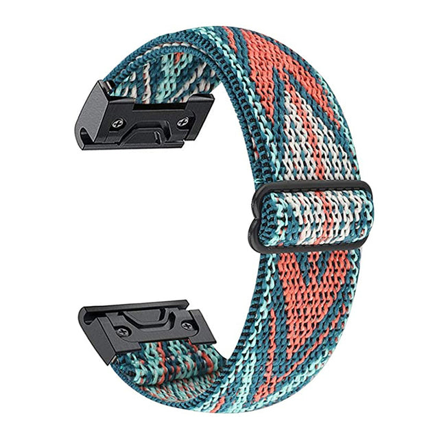 Teal and coral woven fabric watch band with black quick-release connectors and geometric pattern design