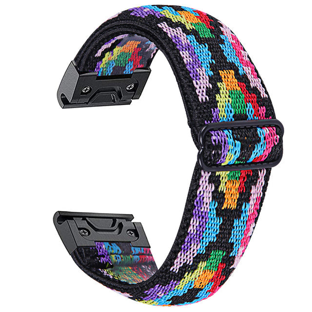 Colorful gaucho weave QuickFit watch band with rainbow diamond pattern and black hardware for easy strap replacement
