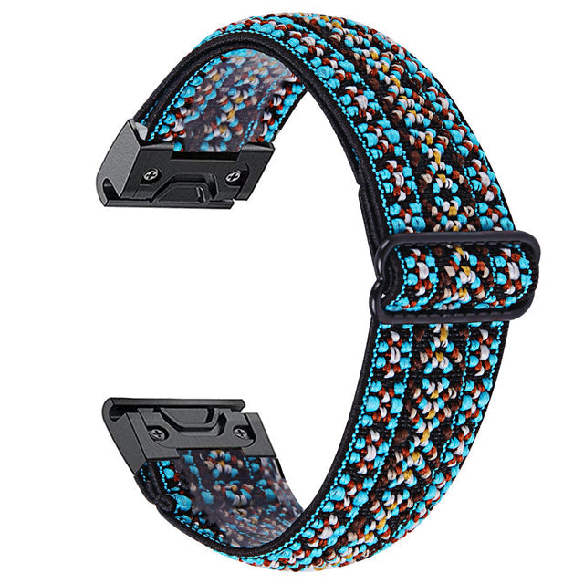 Turquoise and orange woven fabric watch band with black metal QuickFit connectors, adjustable sport strap design