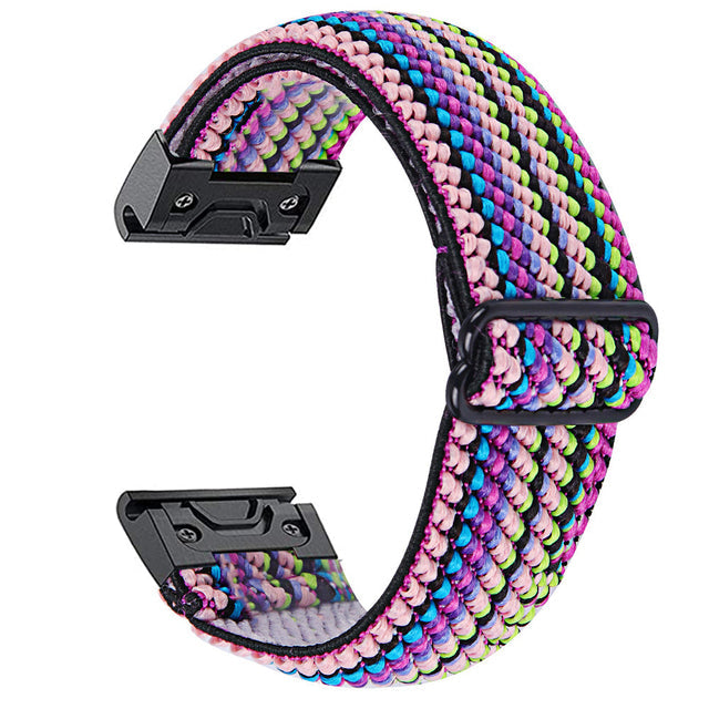 Colorful braided quick fit watch band with multicolor diamond weave pattern and black hardware clasp