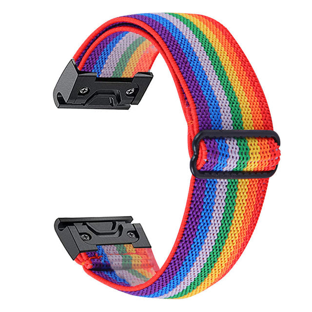 Rainbow striped nylon QuickFit watch band with black metal connectors and adjustable clasp system