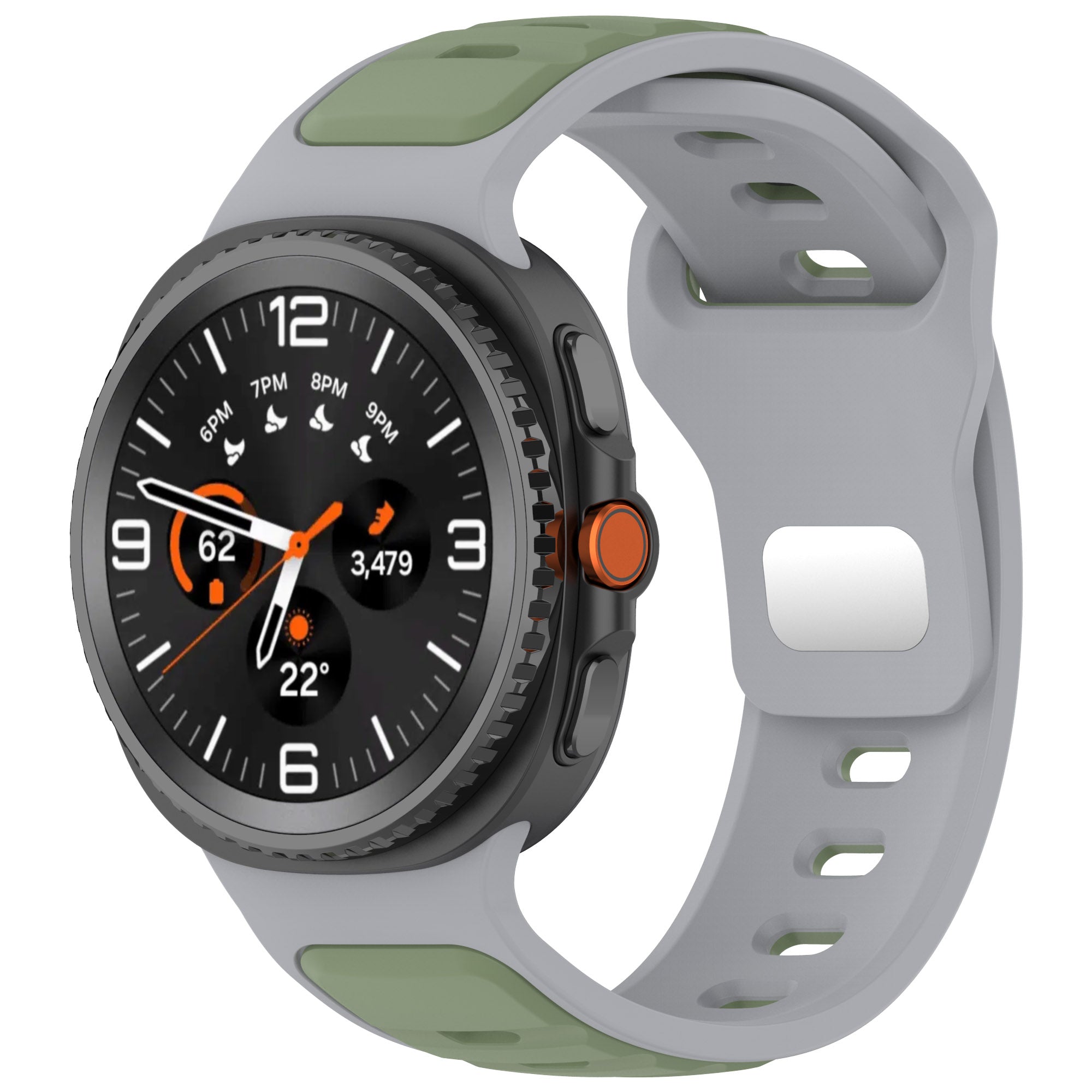 Black smartwatch with gray and green silicone band displaying time, heart rate, steps, and temperature on digital watch face