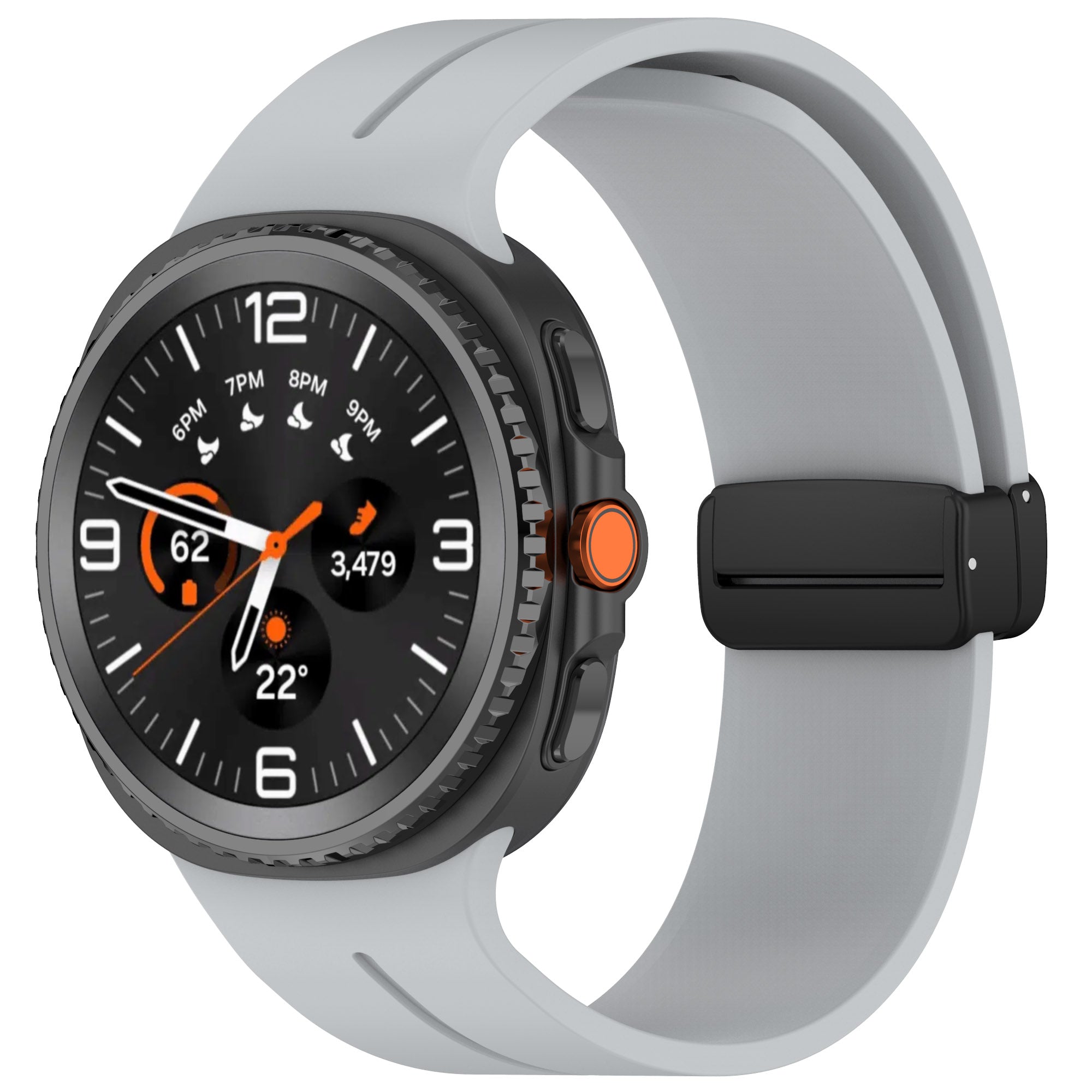 Black smartwatch with orange accents and gray silicone band, displaying time and fitness metrics on analog watch face