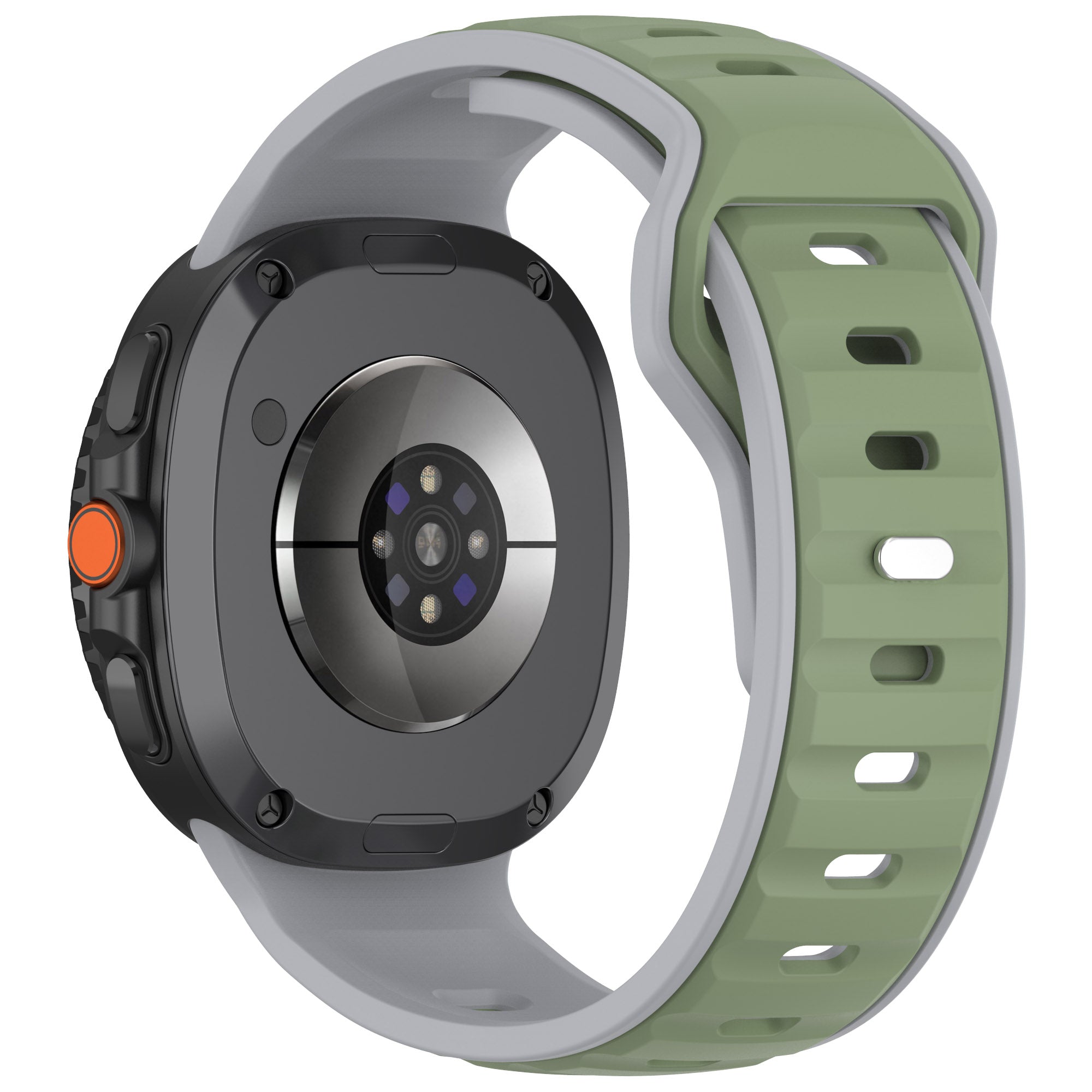 Black and gray smartwatch with orange button and green silicone sport band with ventilation holes