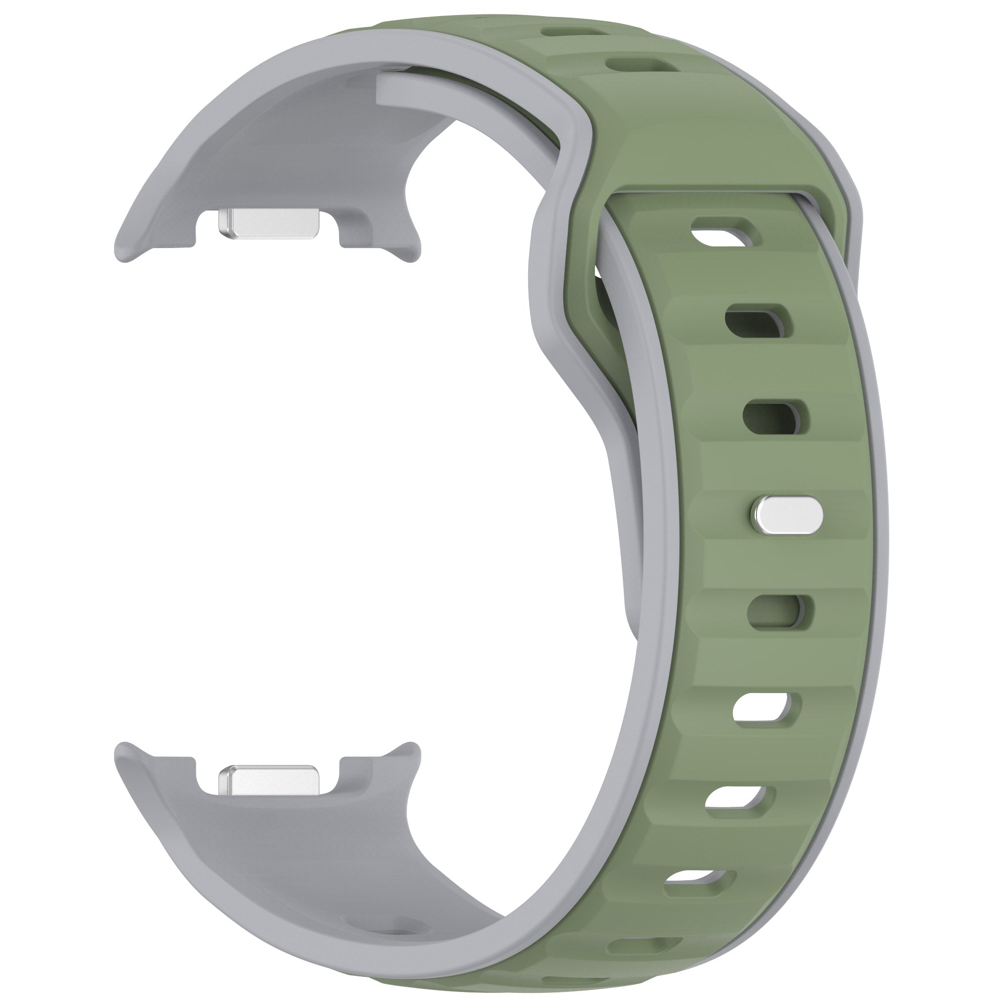 Two-tone silicone watch band in sage green and gray with ventilation holes and secure buckle closure